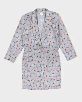 00s Blue Floral Patterned Jacket And Skirt Suit - S