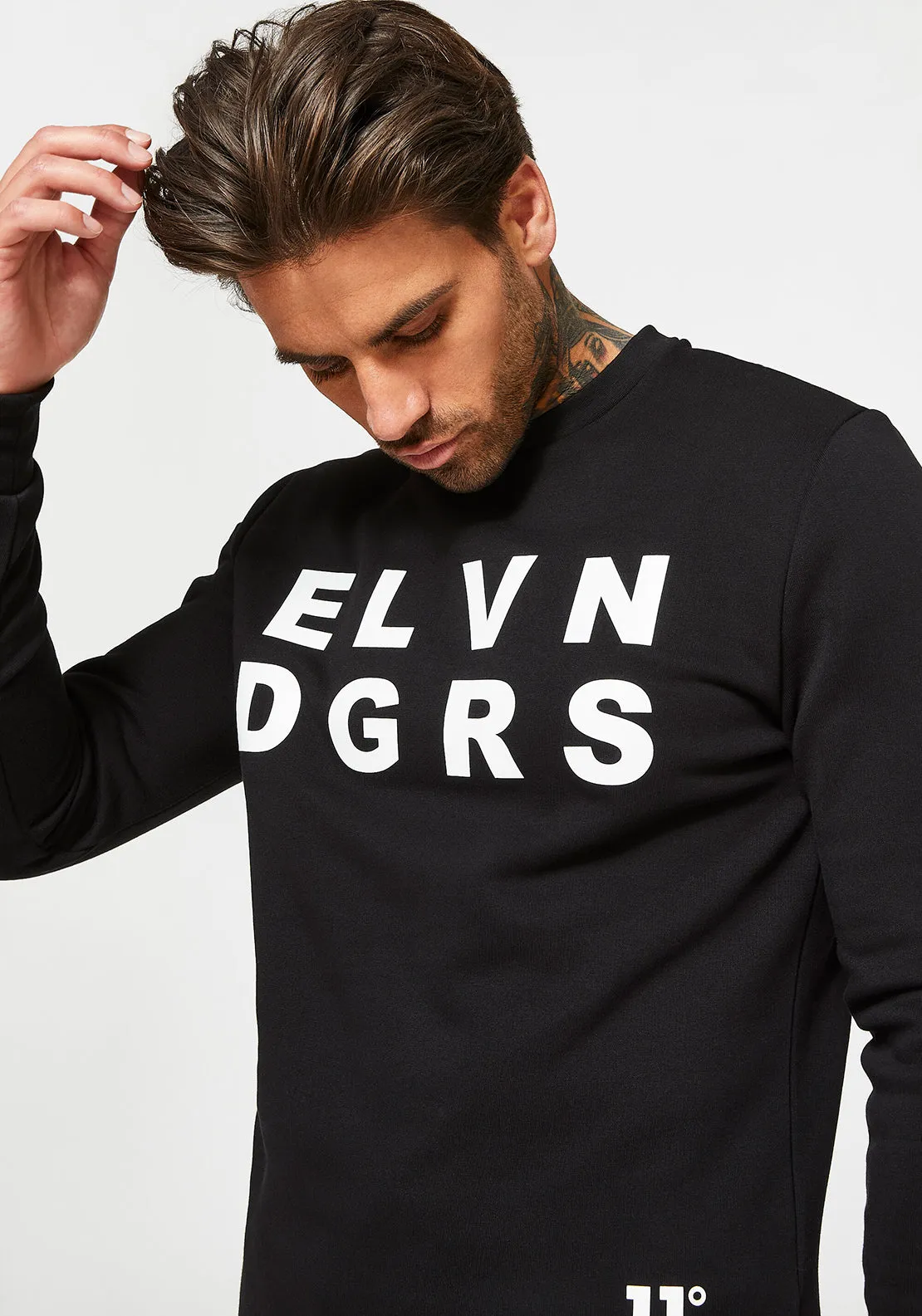 11 Degrees Graphic Print Crew Neck Sweater, Black