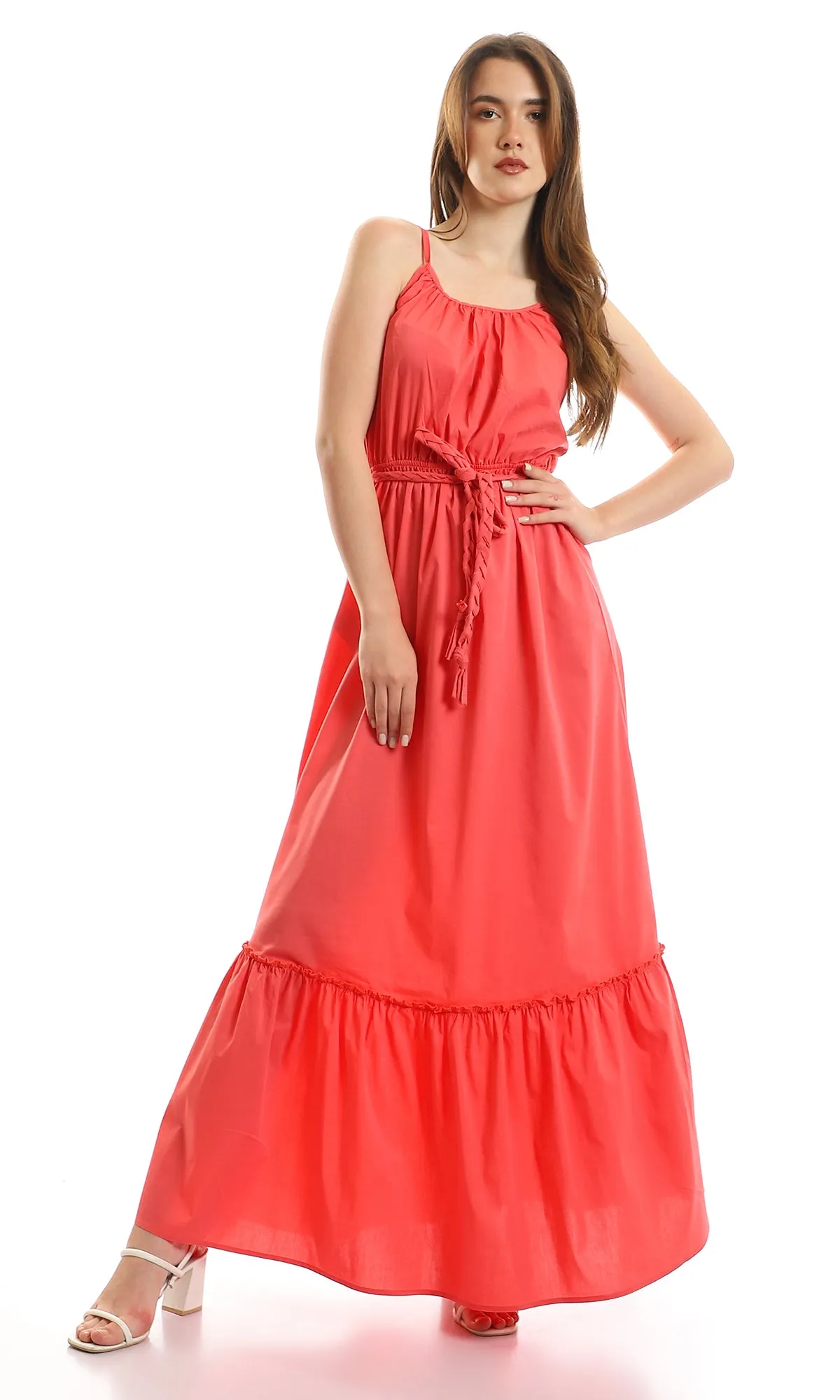 97090 Elastic Waist Tiered Spaghetti Sleeves Dress - Coral