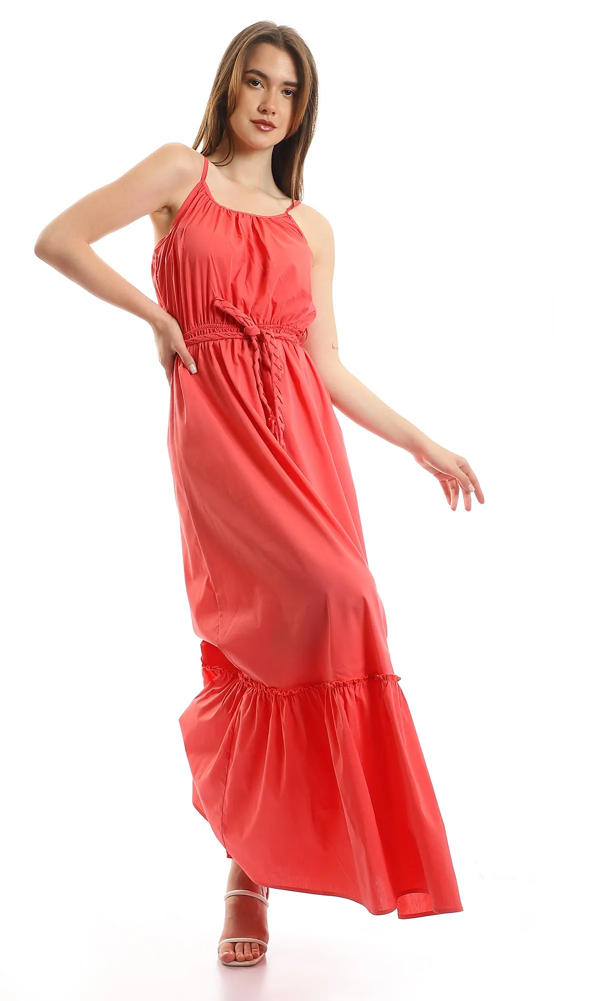 97090 Elastic Waist Tiered Spaghetti Sleeves Dress - Coral