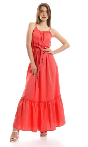 97090 Elastic Waist Tiered Spaghetti Sleeves Dress - Coral