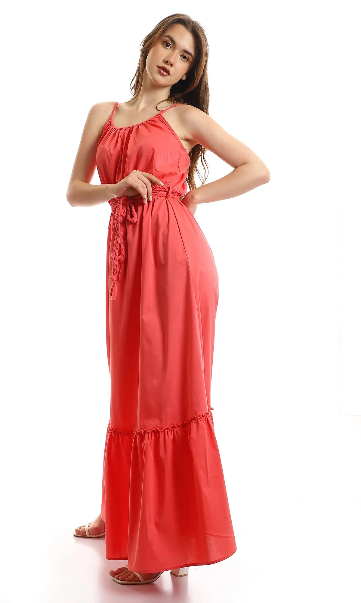 97090 Elastic Waist Tiered Spaghetti Sleeves Dress - Coral