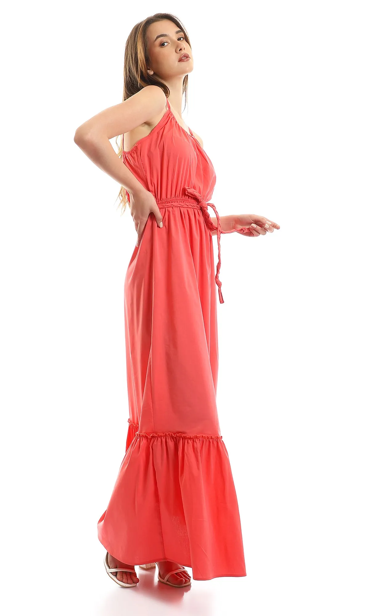 97090 Elastic Waist Tiered Spaghetti Sleeves Dress - Coral