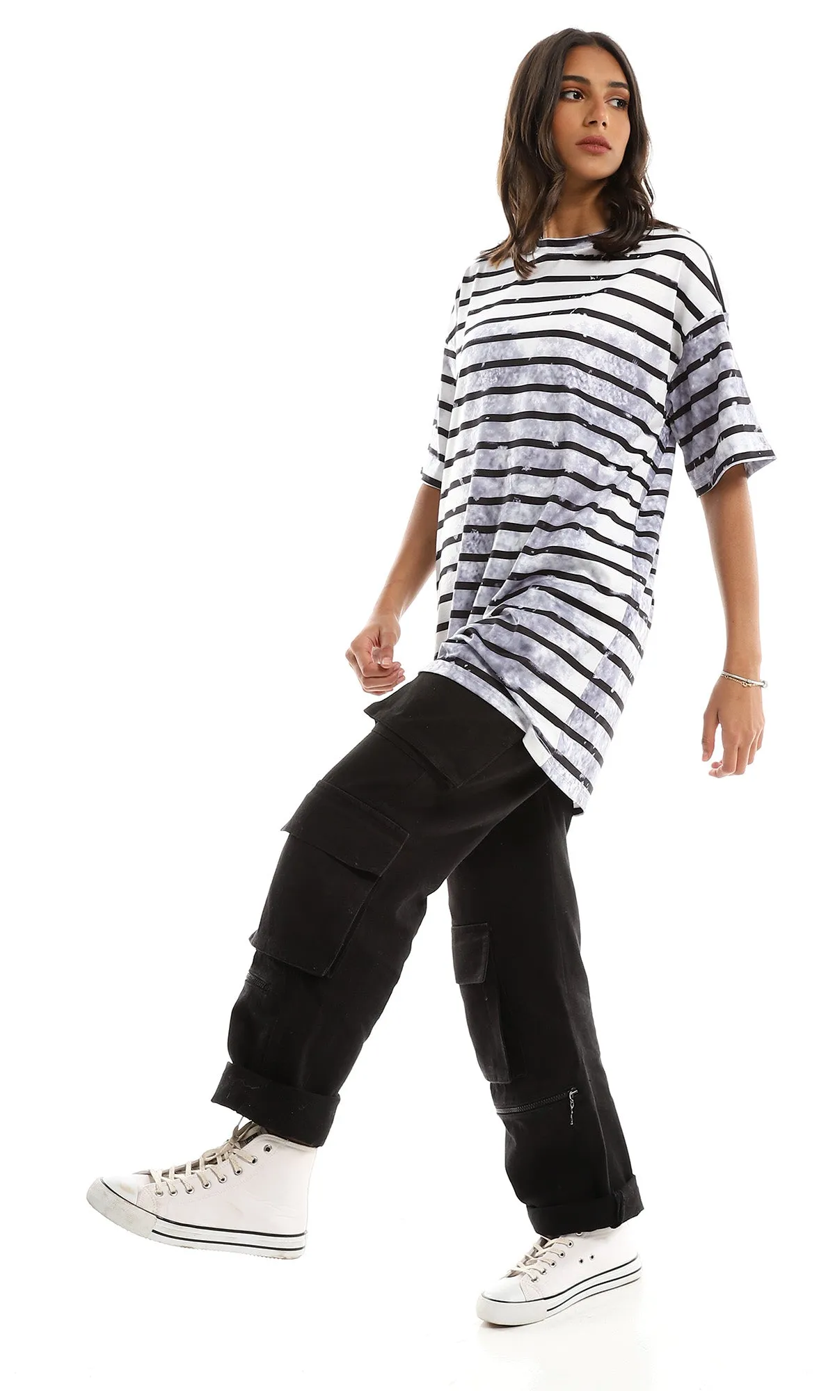 97718 Short Sleeves Striped With Tie Dye Long Tee - Navy Blue & White