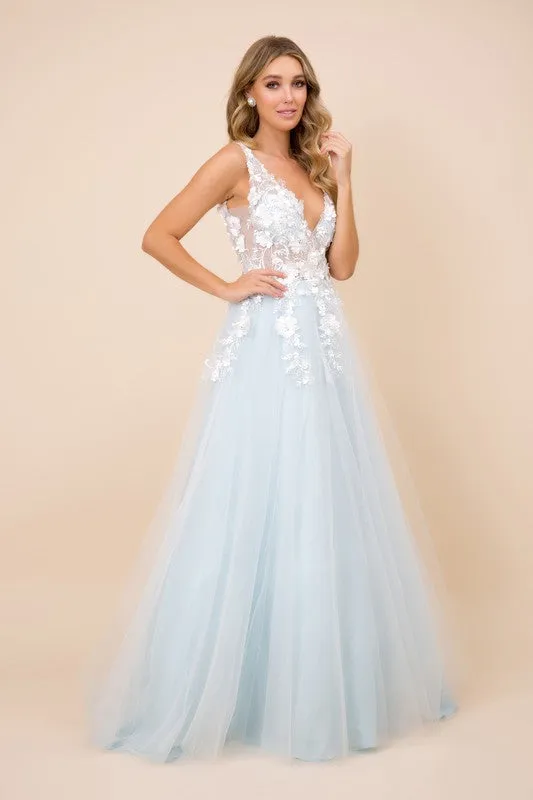 A-Line V-neck Floor-Length Tulle Ball Gown