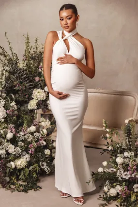 Alba | White Maternity Halter Asymmetric Maxi Dress with Cut Out