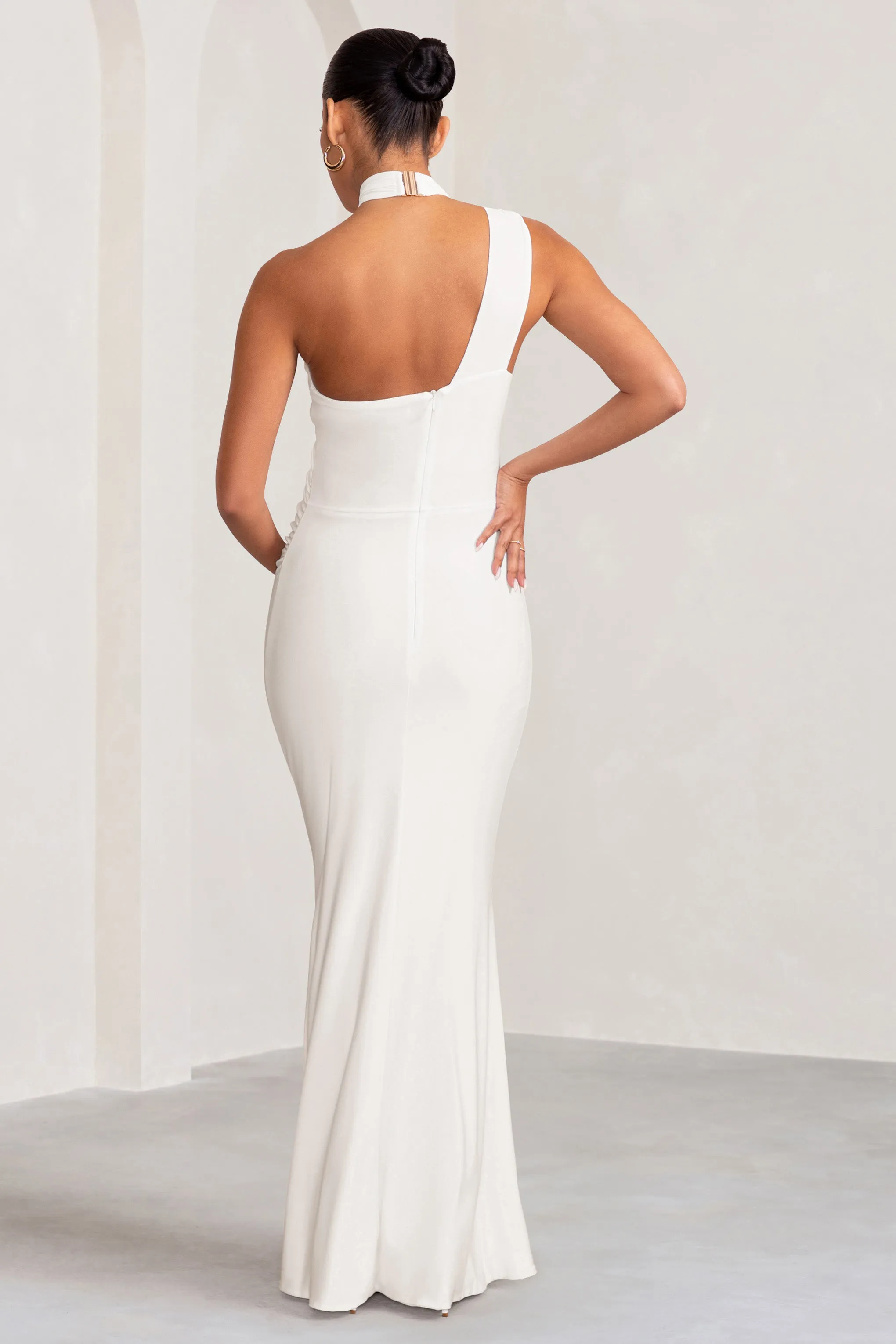 Alba | White Maternity Halter Asymmetric Maxi Dress with Cut Out