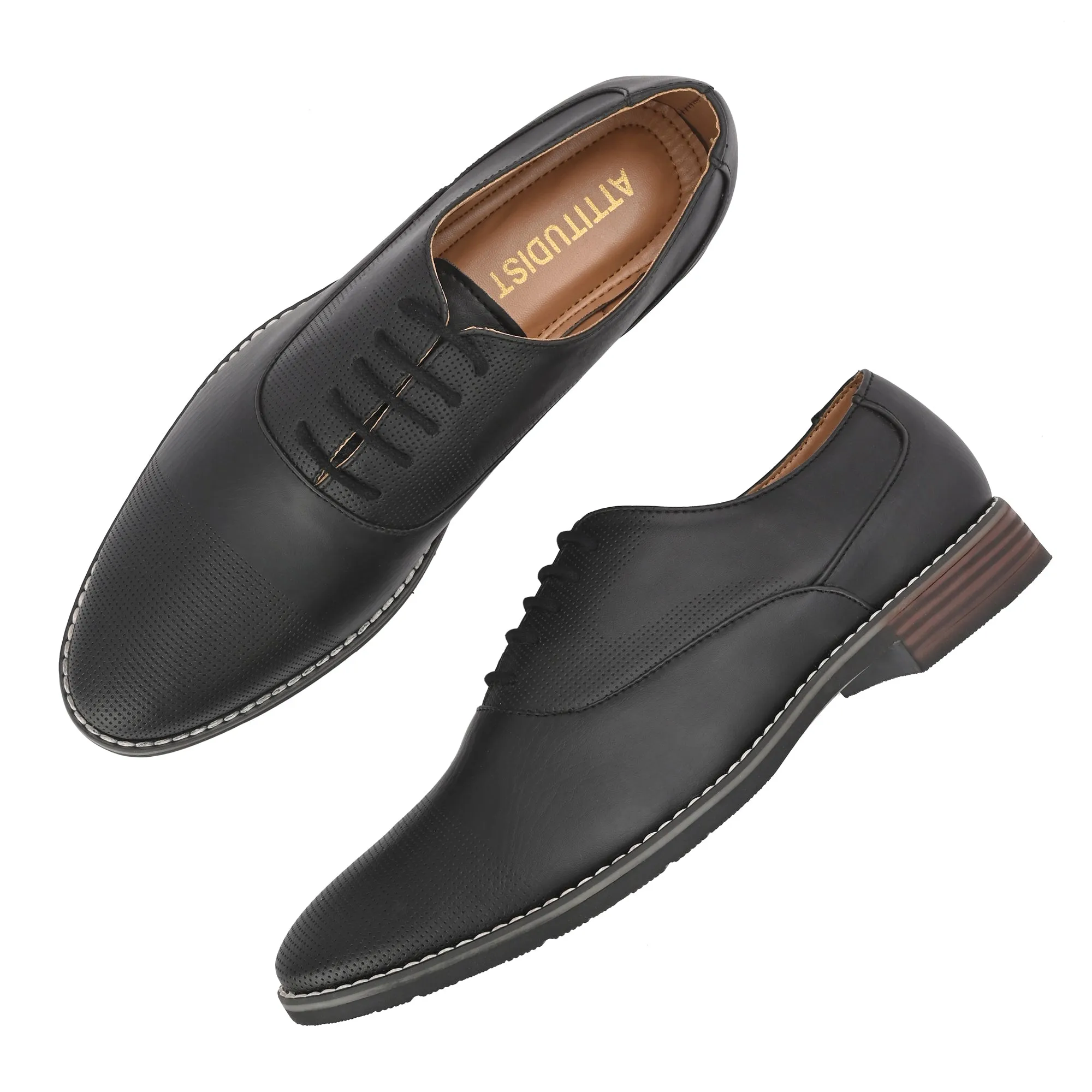 Attitudist Unisex Handcrafted Plain Oxford Matte Black Formal Derby Shoes With Textured Toe