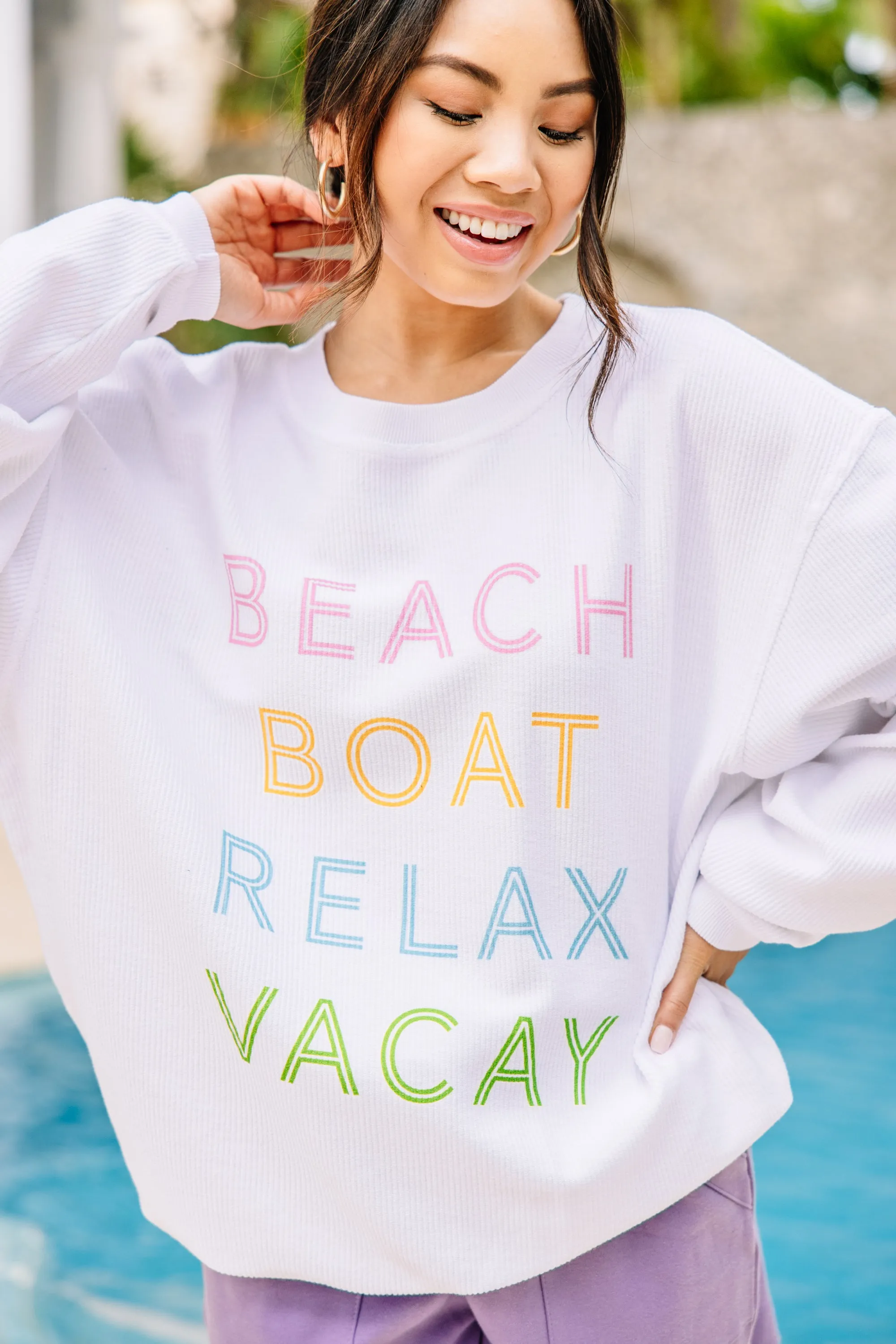 Beach Boat Relax White Corded Sweatshirt