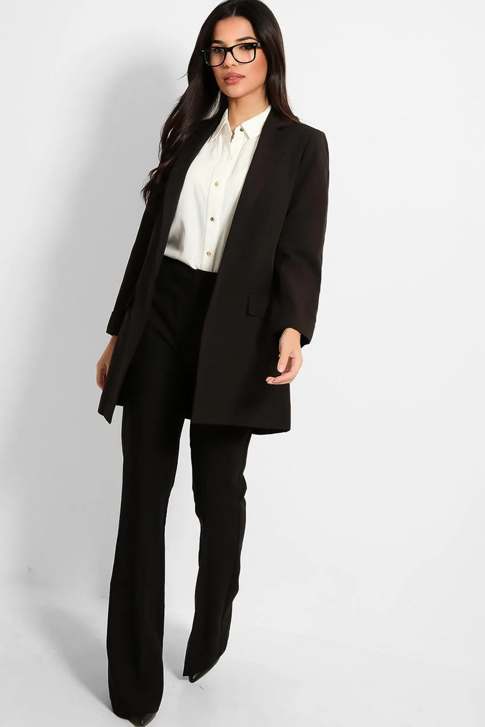 Black 3/4 Sleeve Open Front Long Blazer