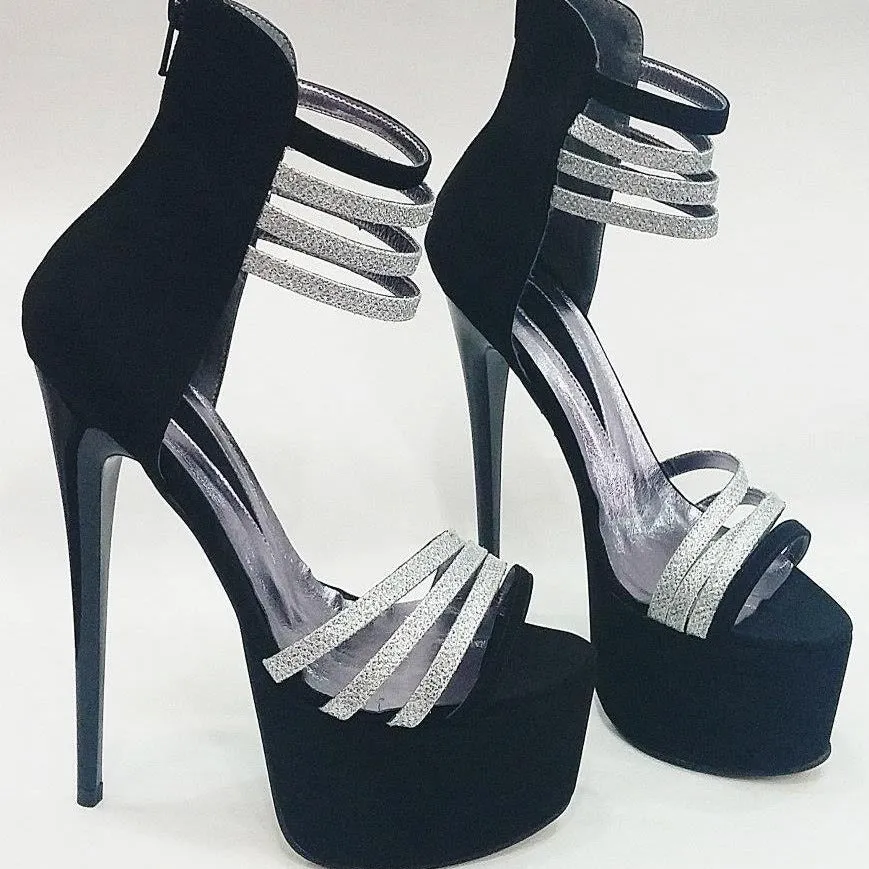 Black & Silver Strapped Ankle Sandals