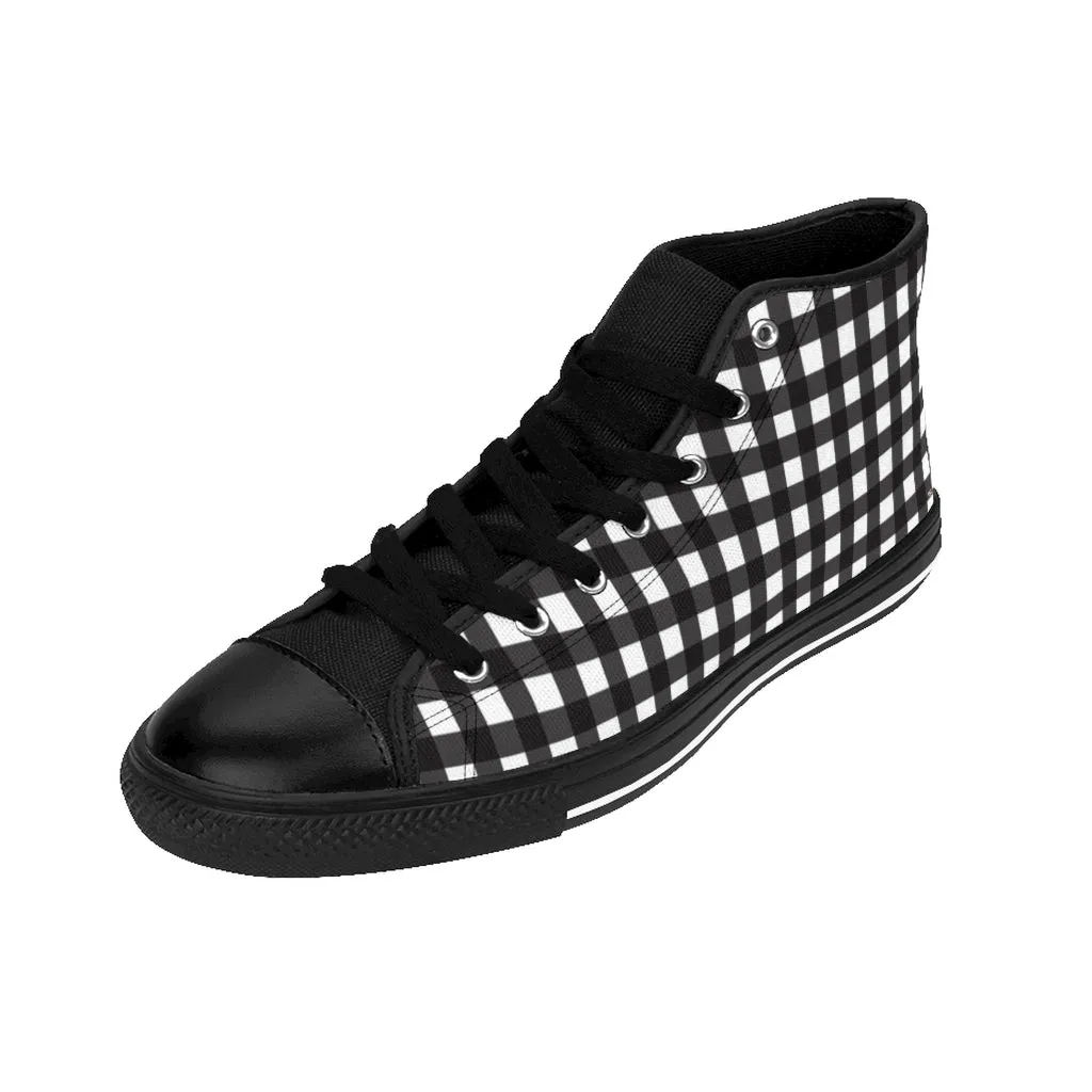 Black Buffalo Plaid Women's Sneakers, Plaid Print Designer High-top Sneakers Tennis Shoes