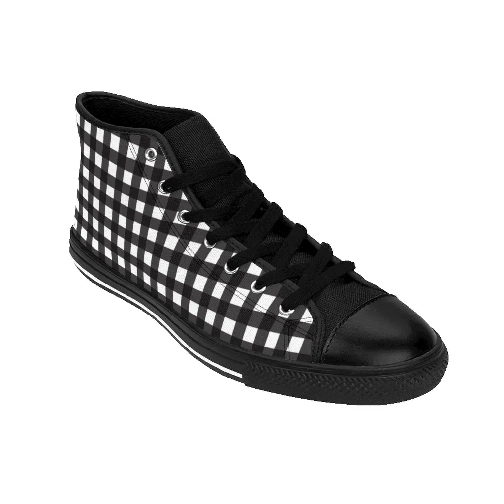 Black Buffalo Plaid Women's Sneakers, Plaid Print Designer High-top Sneakers Tennis Shoes