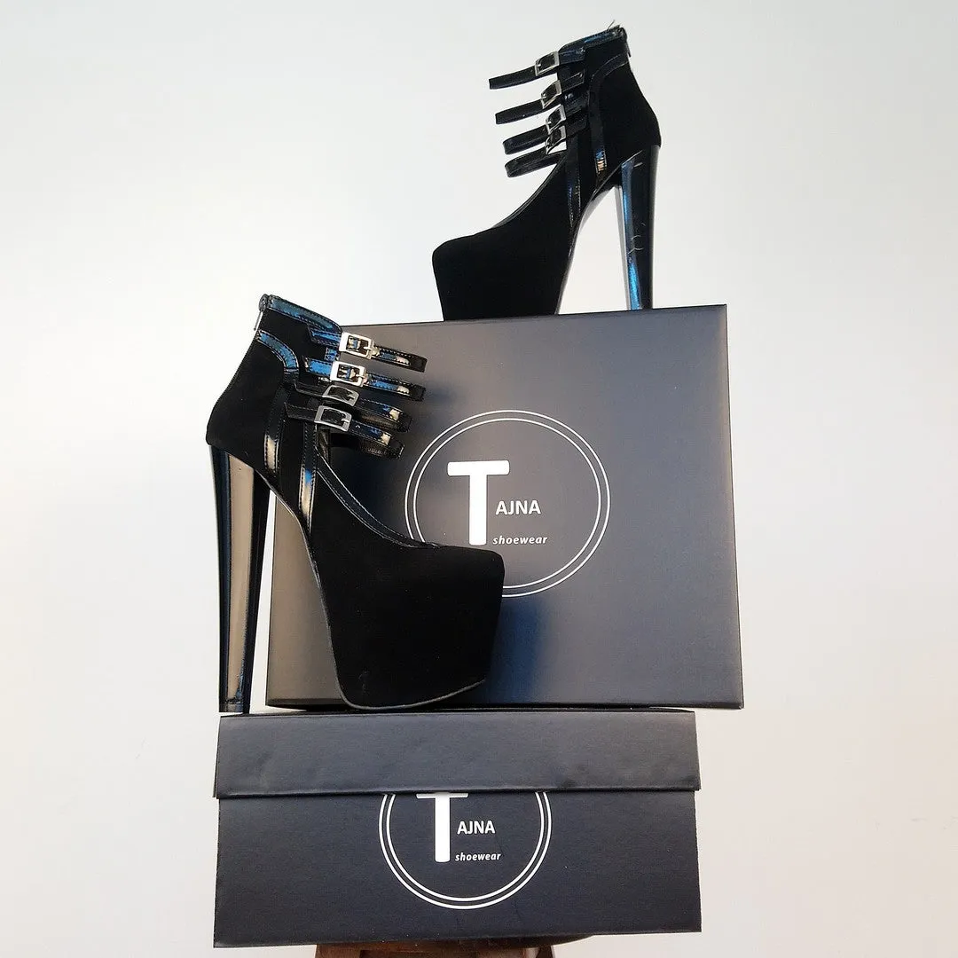 Black Faux Suede Belted 19 cm High Heel Platform