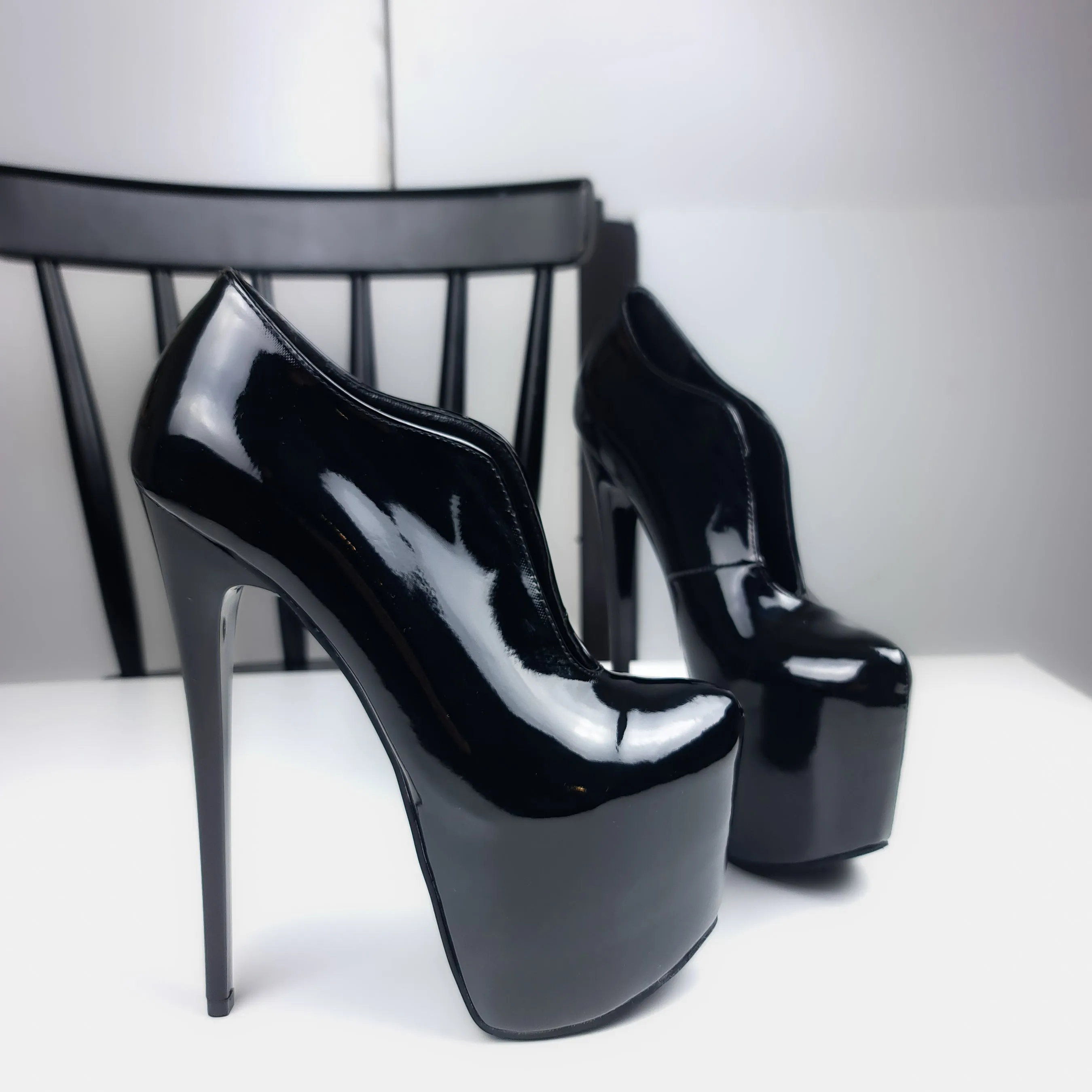 Black Gloss Mid Slit Ankle Cut High Heels