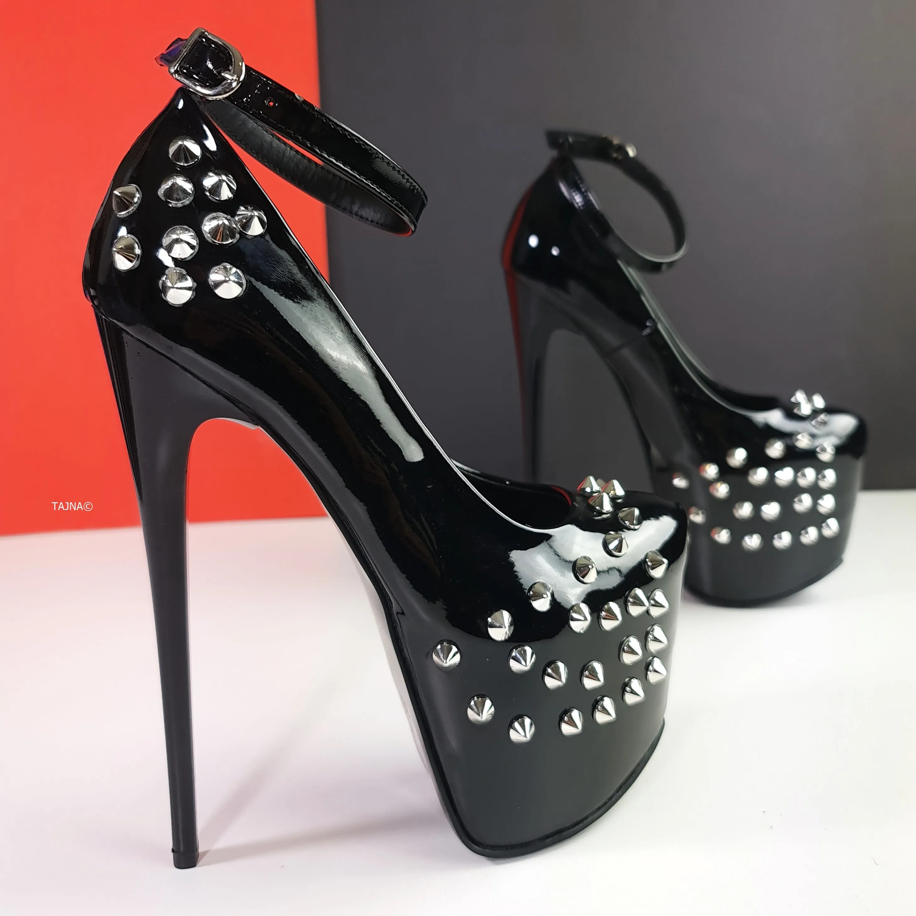 Black Gloss Spike Studded Ankle Strap Heels