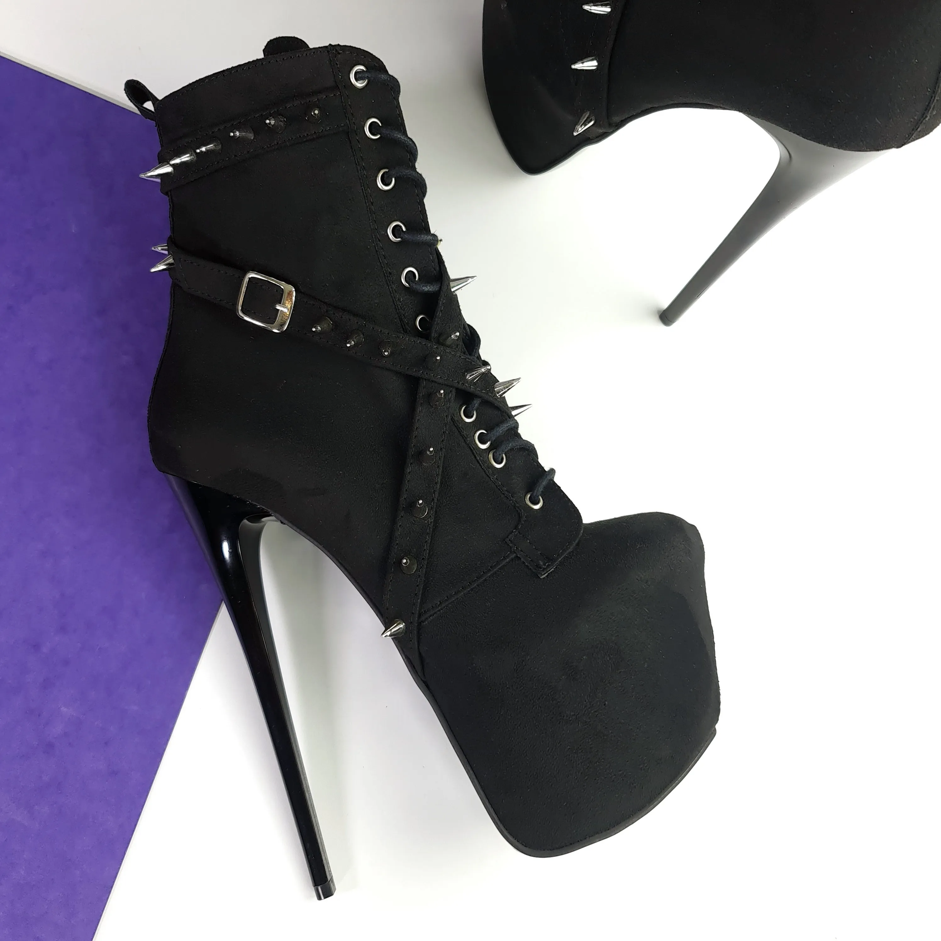 Black Suede Long Spike Studs Rocker Boots