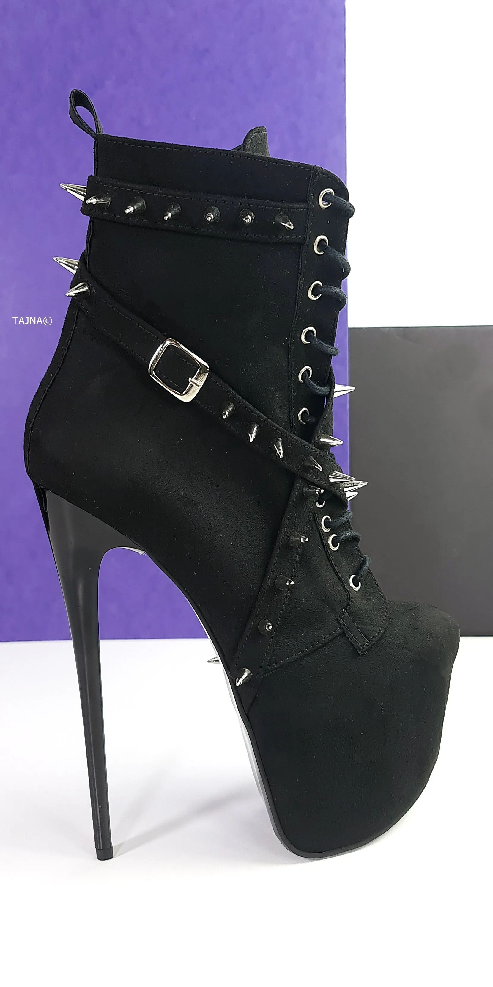 Black Suede Long Spike Studs Rocker Boots