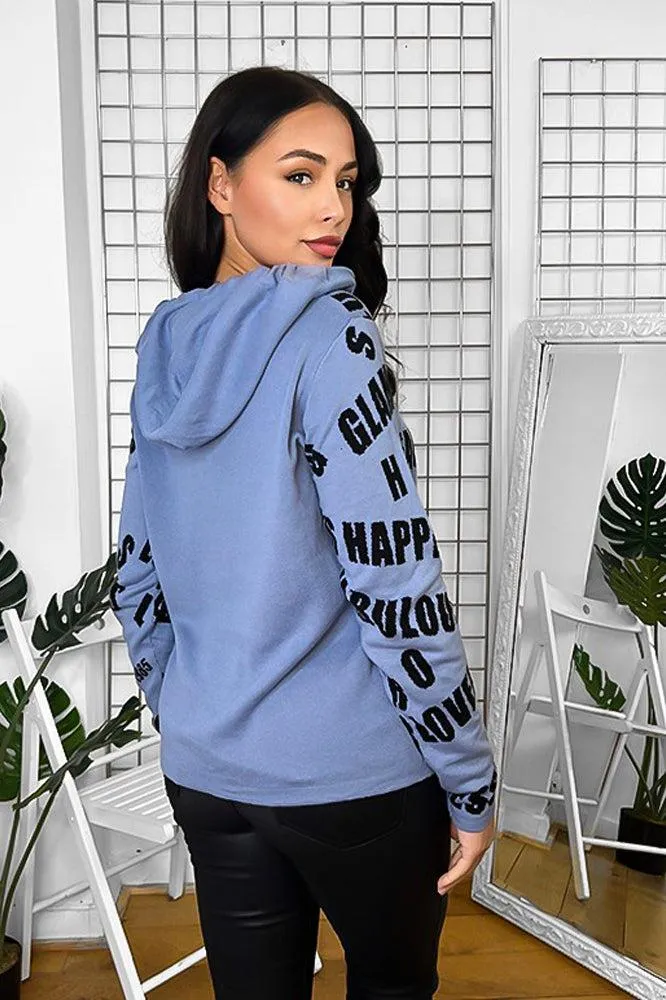 Blue Black Crystal Embellished Slogan Print Hoodie