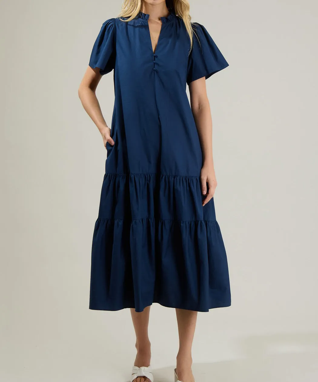 Britt Poplin Tiered Midi Dress - Navy