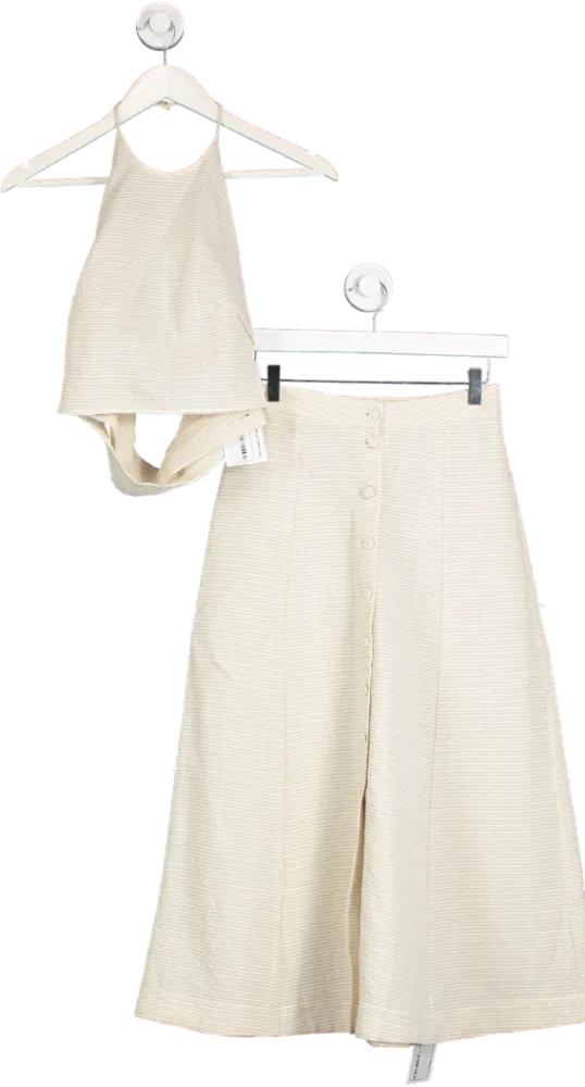 Casa Raki Beige Organic Cotton Button Down Midi Skirt And Backless Halter Top UK S