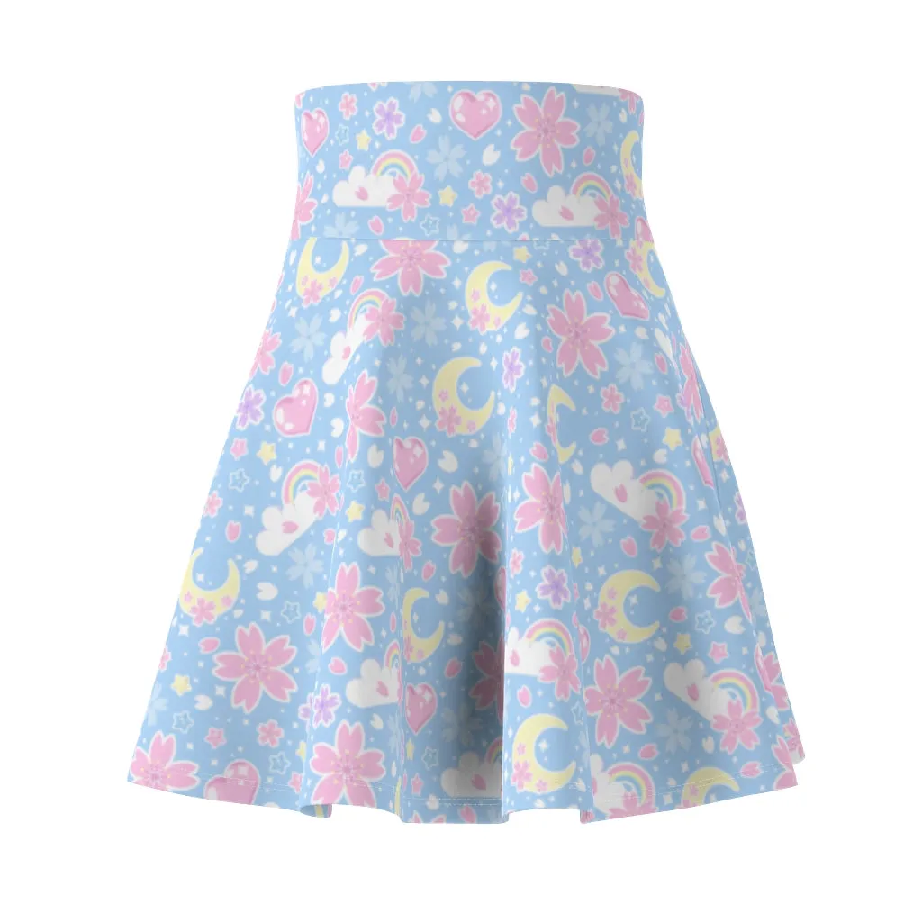 Cherry Blossom Dreams Blue High Waist Skater Skirt