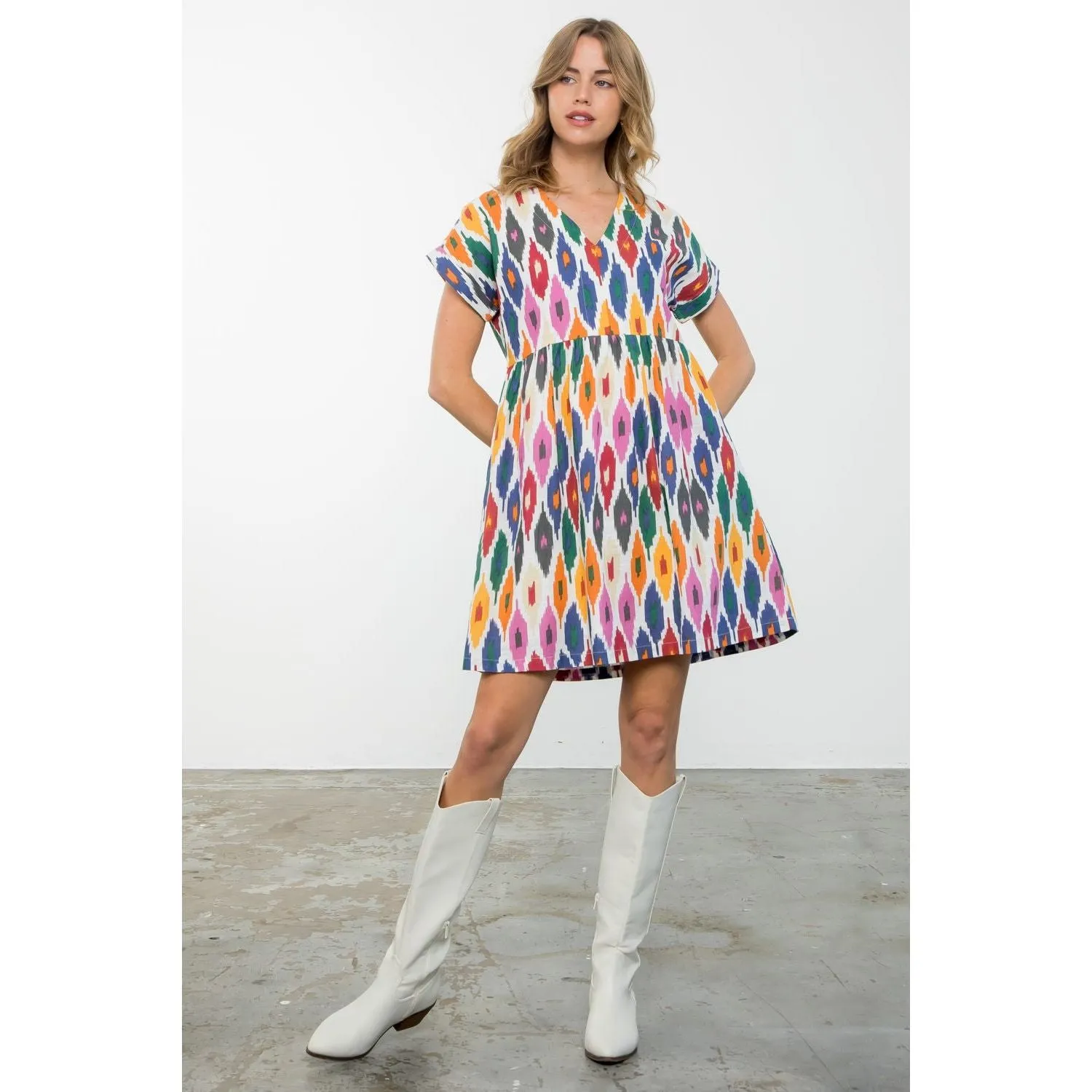 Cheryl Short Sleeve Multi Color Pattern THML Dress