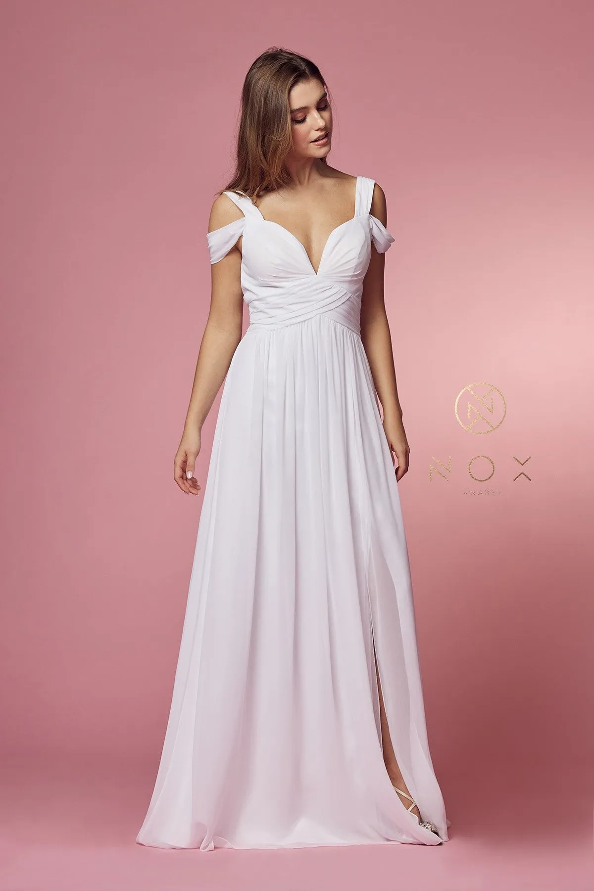 COLD-SHOULDER WITH SLIP SKIRT LONG CHIFFON DRESS NARI-Y277W