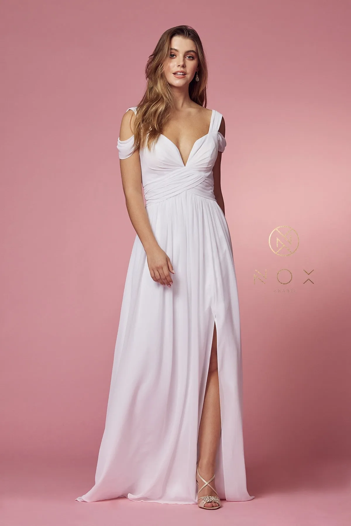 COLD-SHOULDER WITH SLIP SKIRT LONG CHIFFON DRESS NARI-Y277W