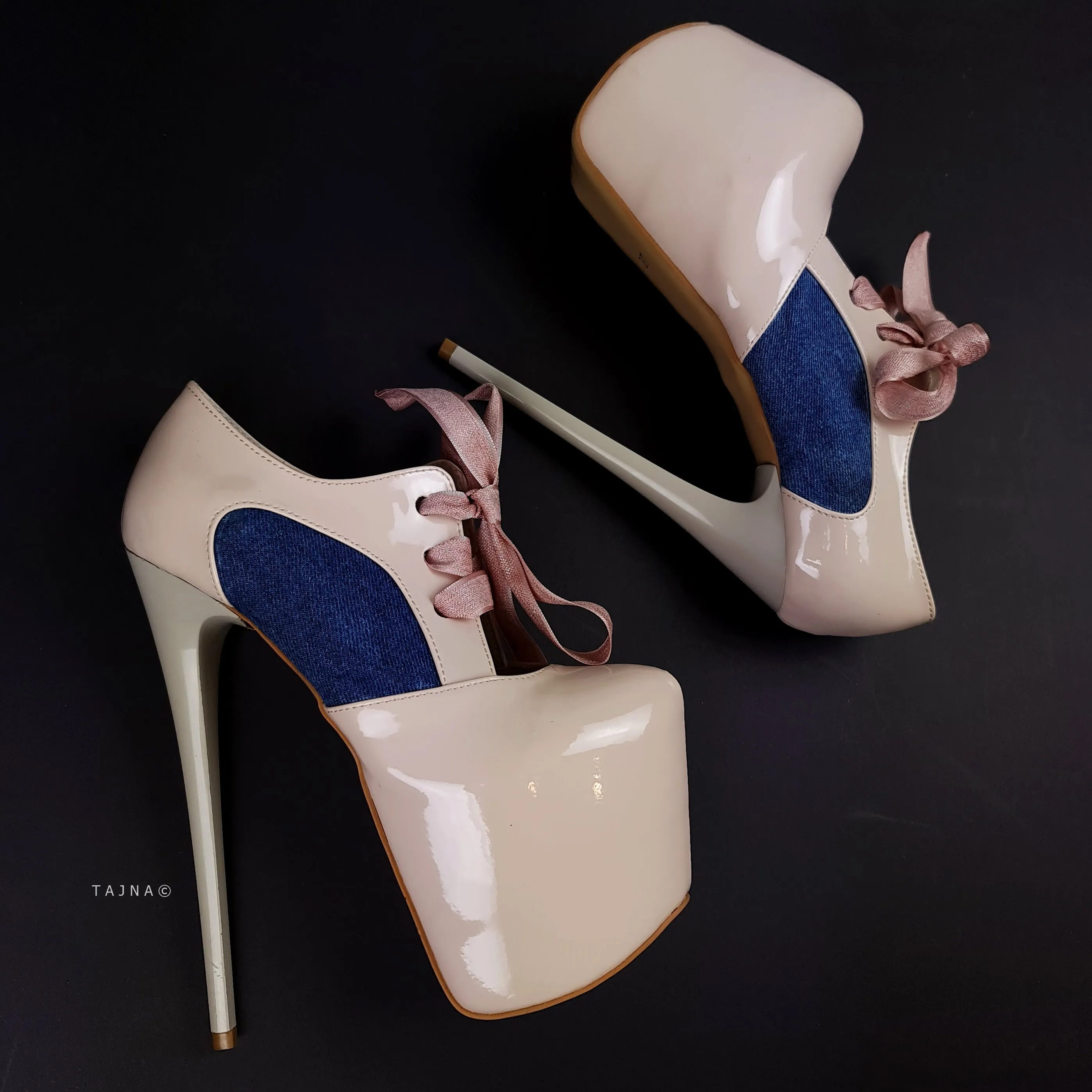 Cream Nude Gloss Jean Detail Ankle Cut Heels