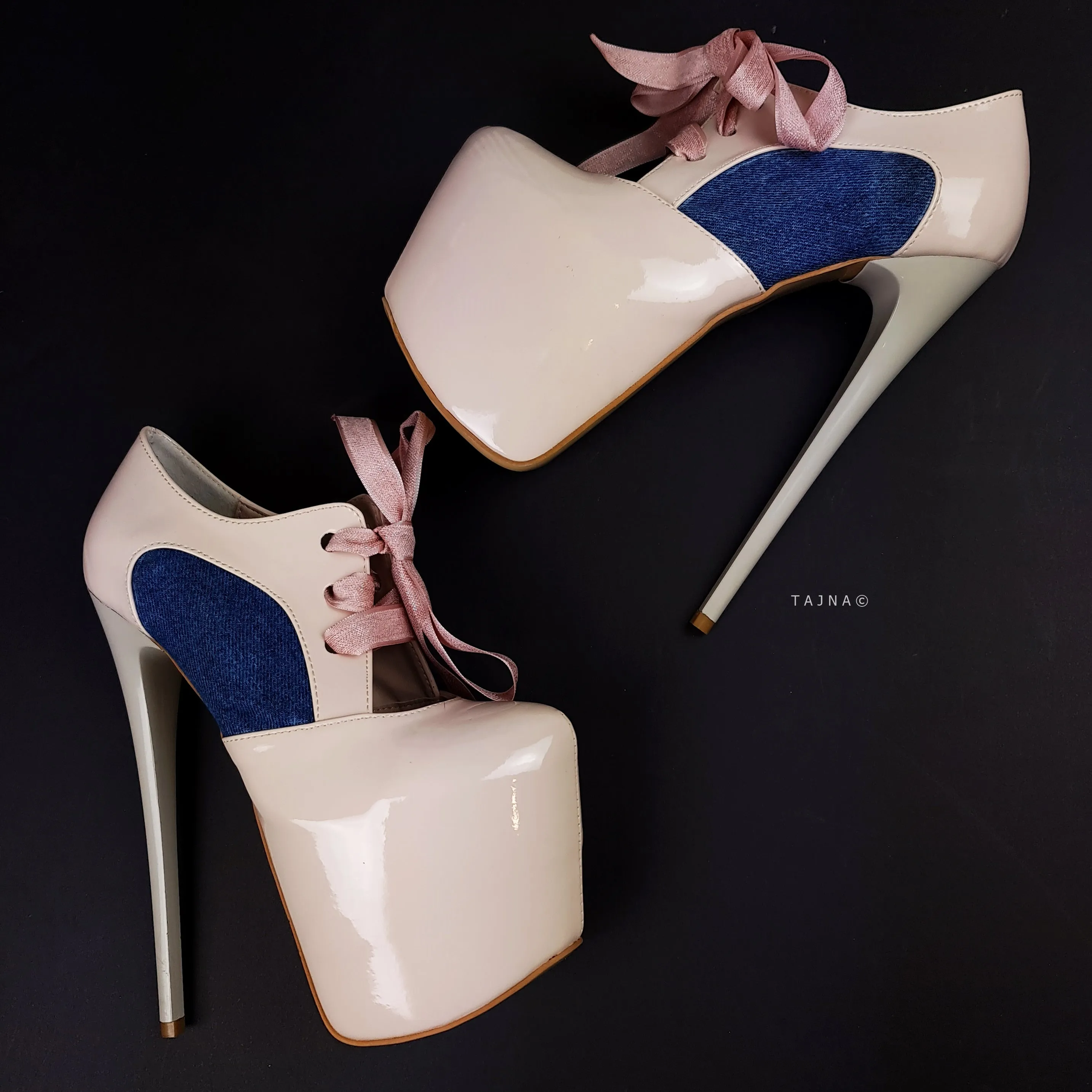 Cream Nude Gloss Jean Detail Ankle Cut Heels