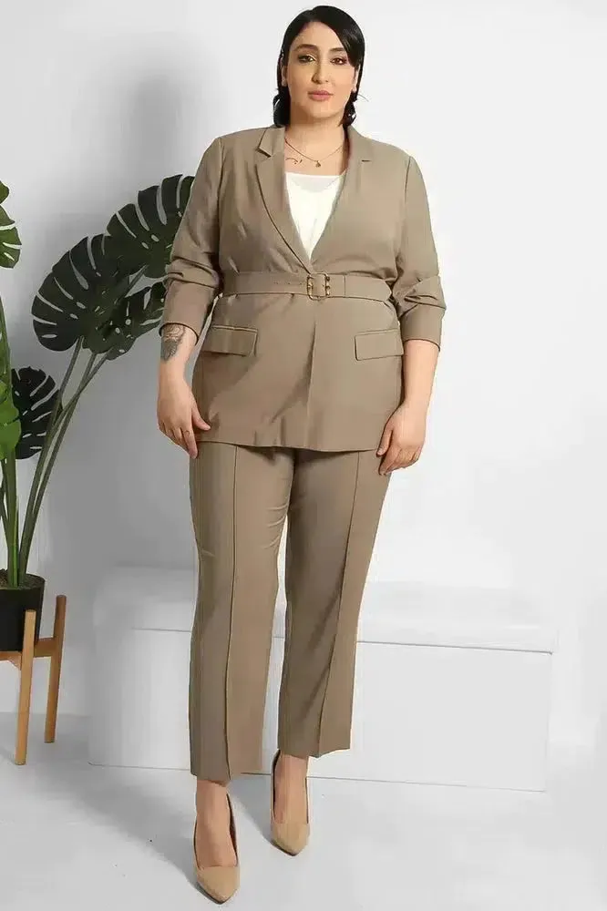 Cropped Trousers And Fitted Belted Blazer Suit