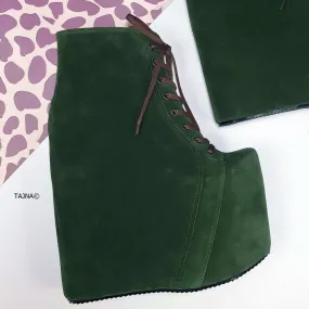 Dark Green Suede Hidden Platform Wedge Boots