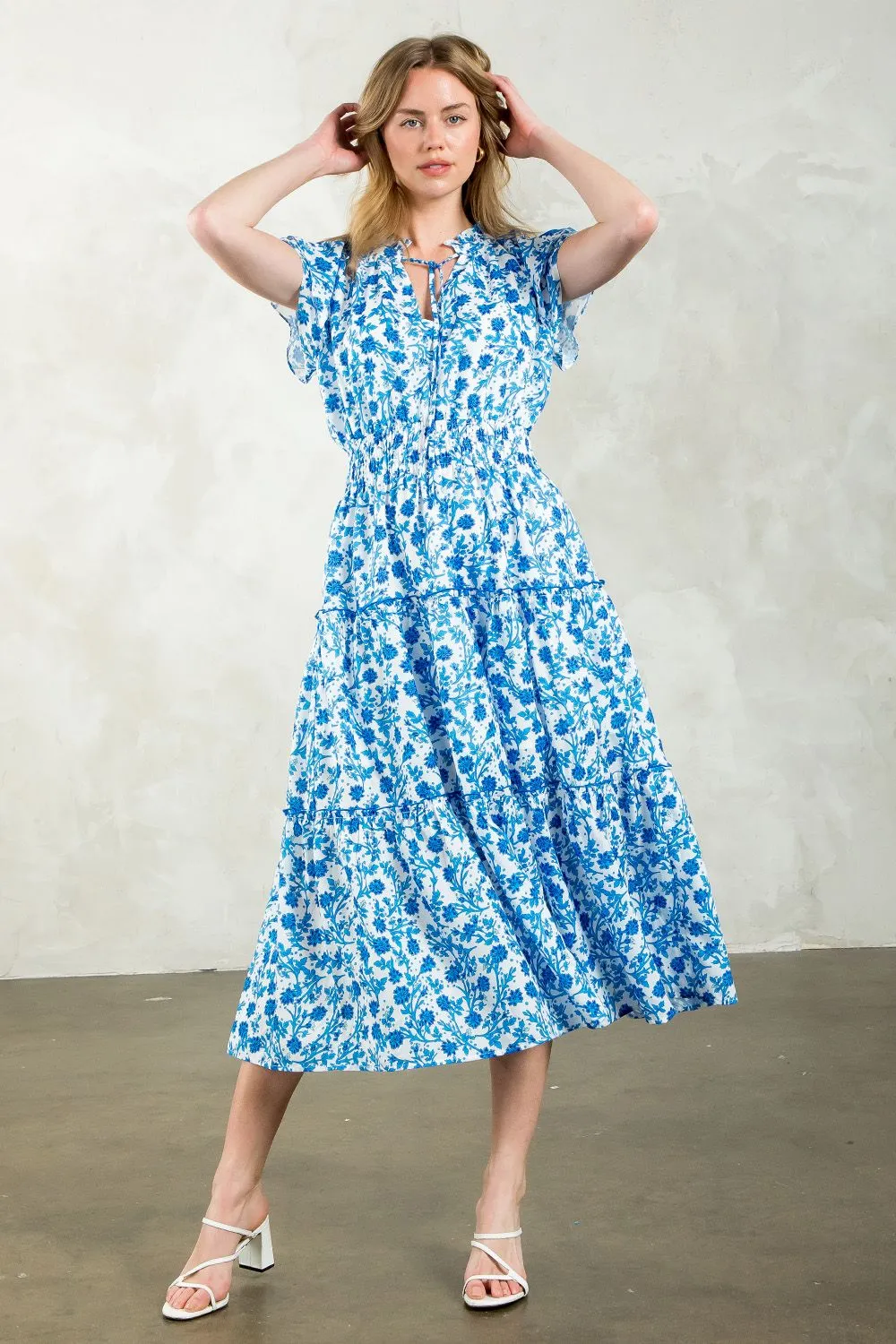 Gemma Flower Print Tiered Maxi THML Dress