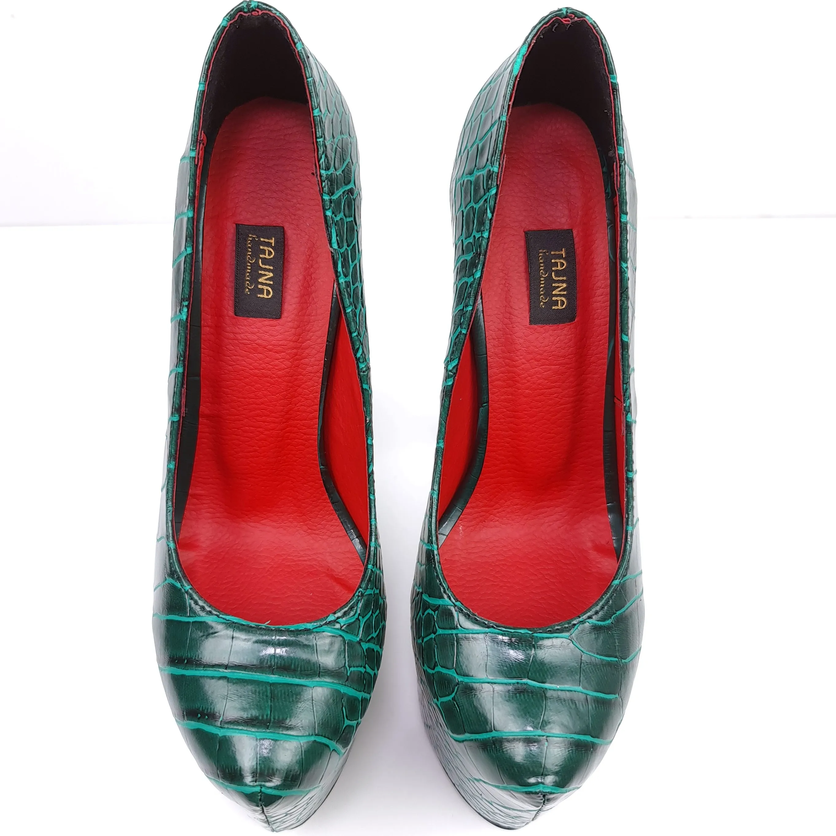 Green Croco Red Detail High Heel Pumps