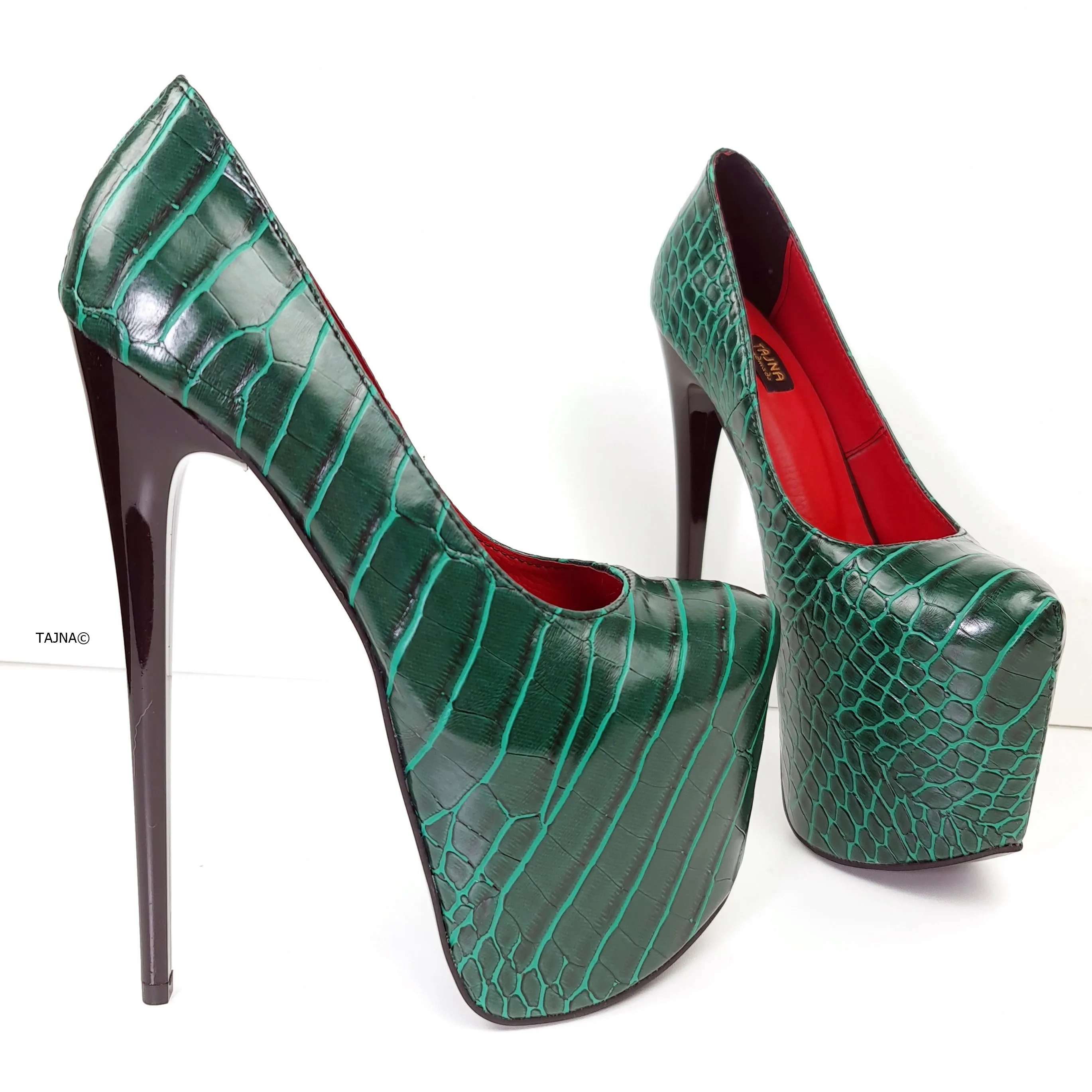 Green Croco Red Detail High Heel Pumps