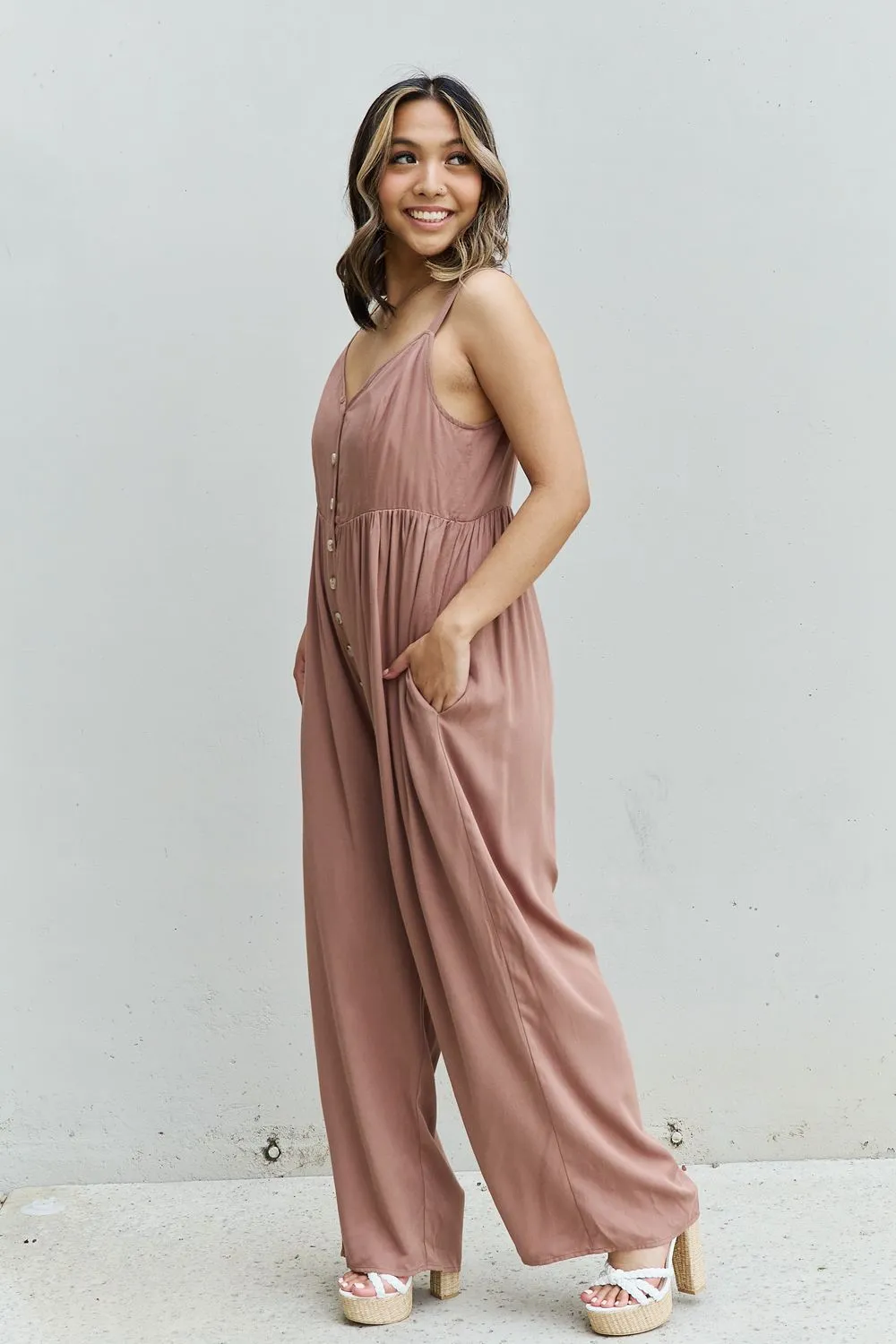 HEYSON All Day Full Size Wide Leg Button Down Jumpsuit in Mocha