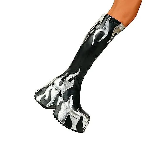 HiColor women’s side zipper high heeled silver Flames printing thick sole boots high boots round toe boots