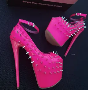 Hot Neon Pink Gloss Spike Studded Ankle Strap Heels