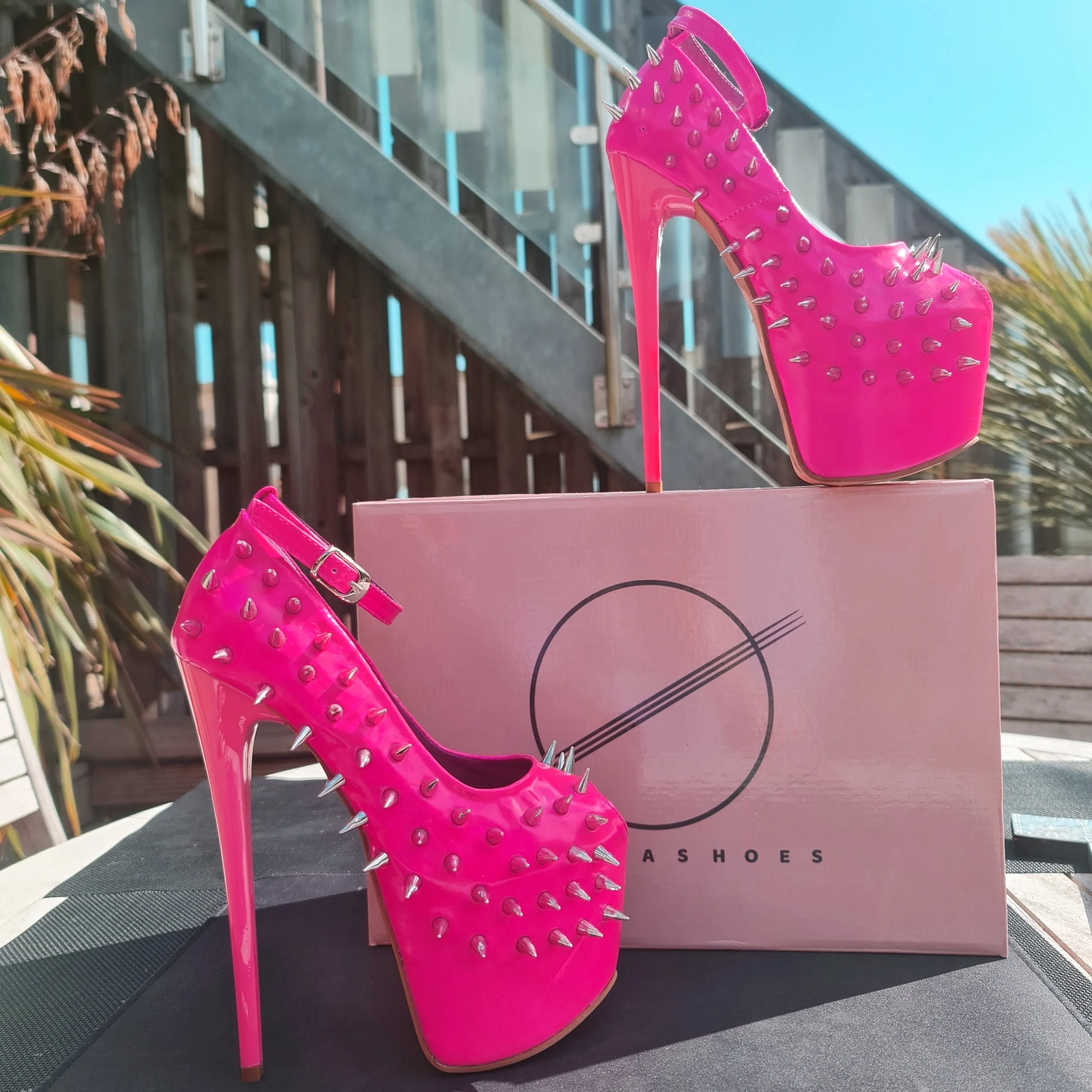 Hot Neon Pink Gloss Spike Studded Ankle Strap Heels