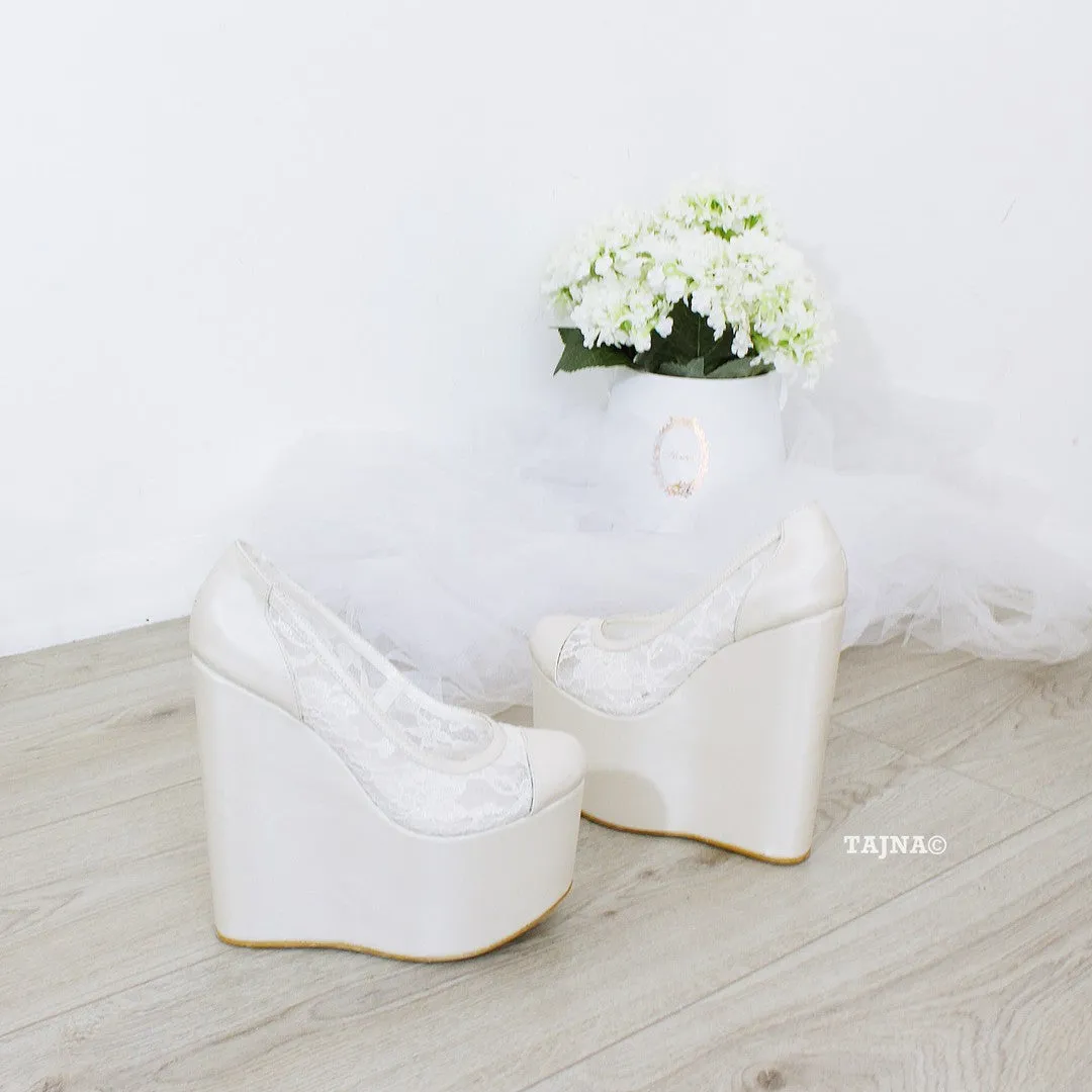 Ivory White Lace Platform Heel Wedding Shoes