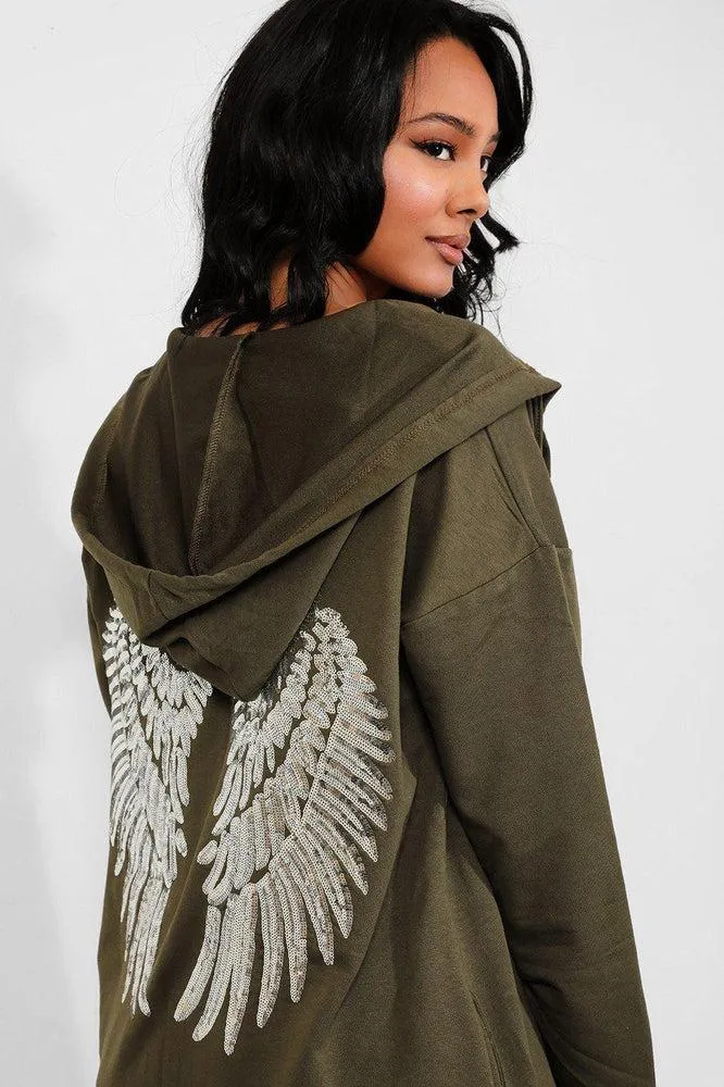 Khaki Hooded Sequinned Wings Open Cardigan