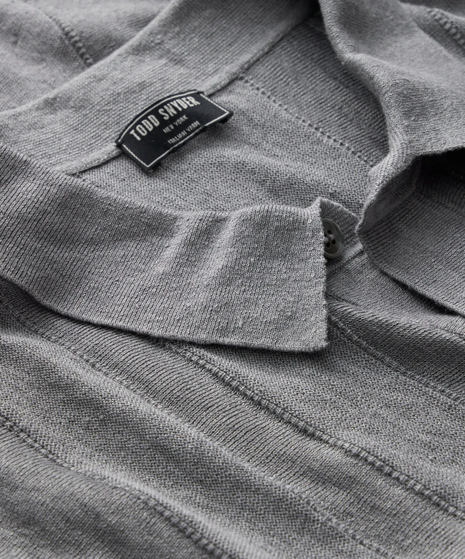 Linen Textured Stripe Full-Placket Polo in Vintage Pewter