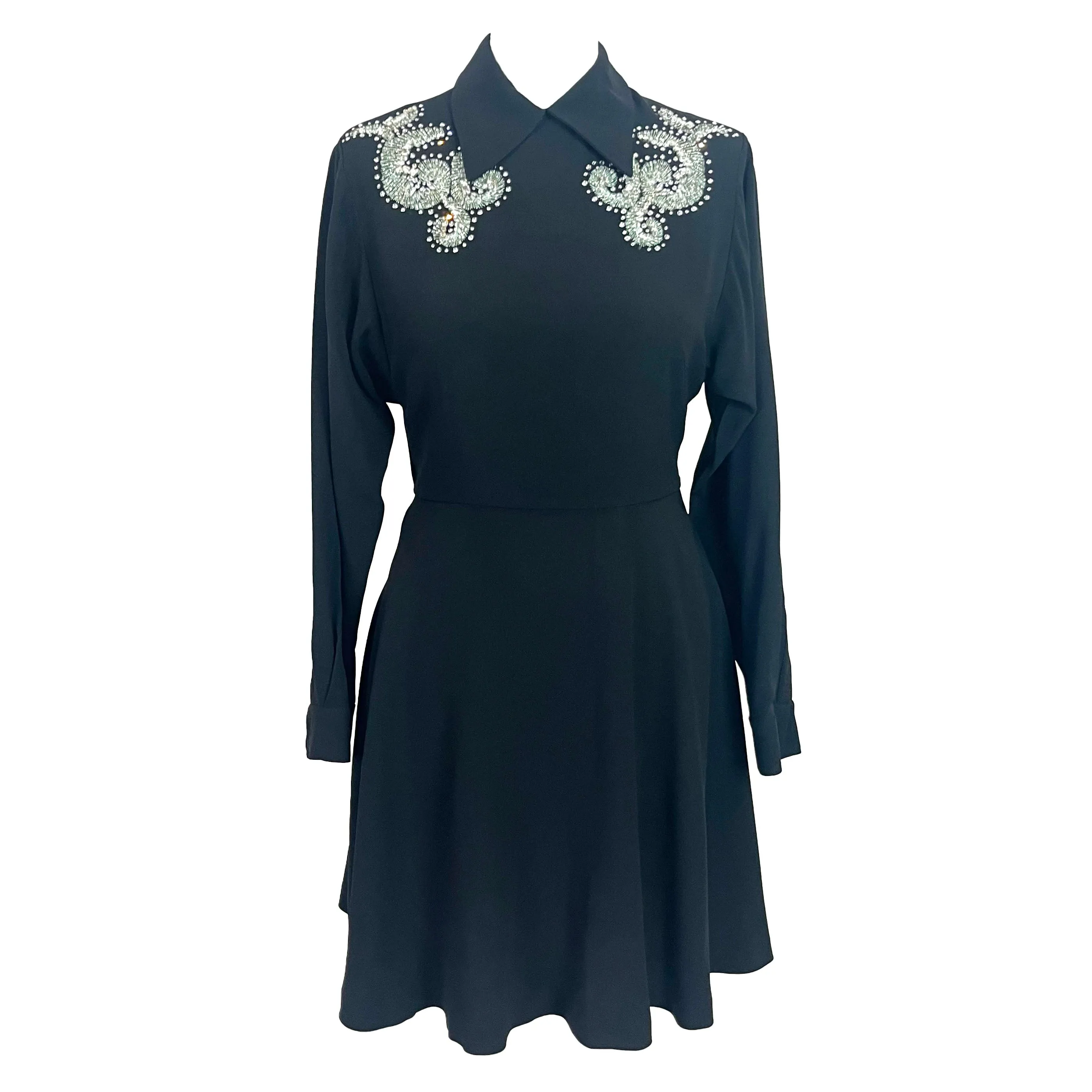 Miu Miu Black Crepe Midi Dress with Embellished Yoke XSS