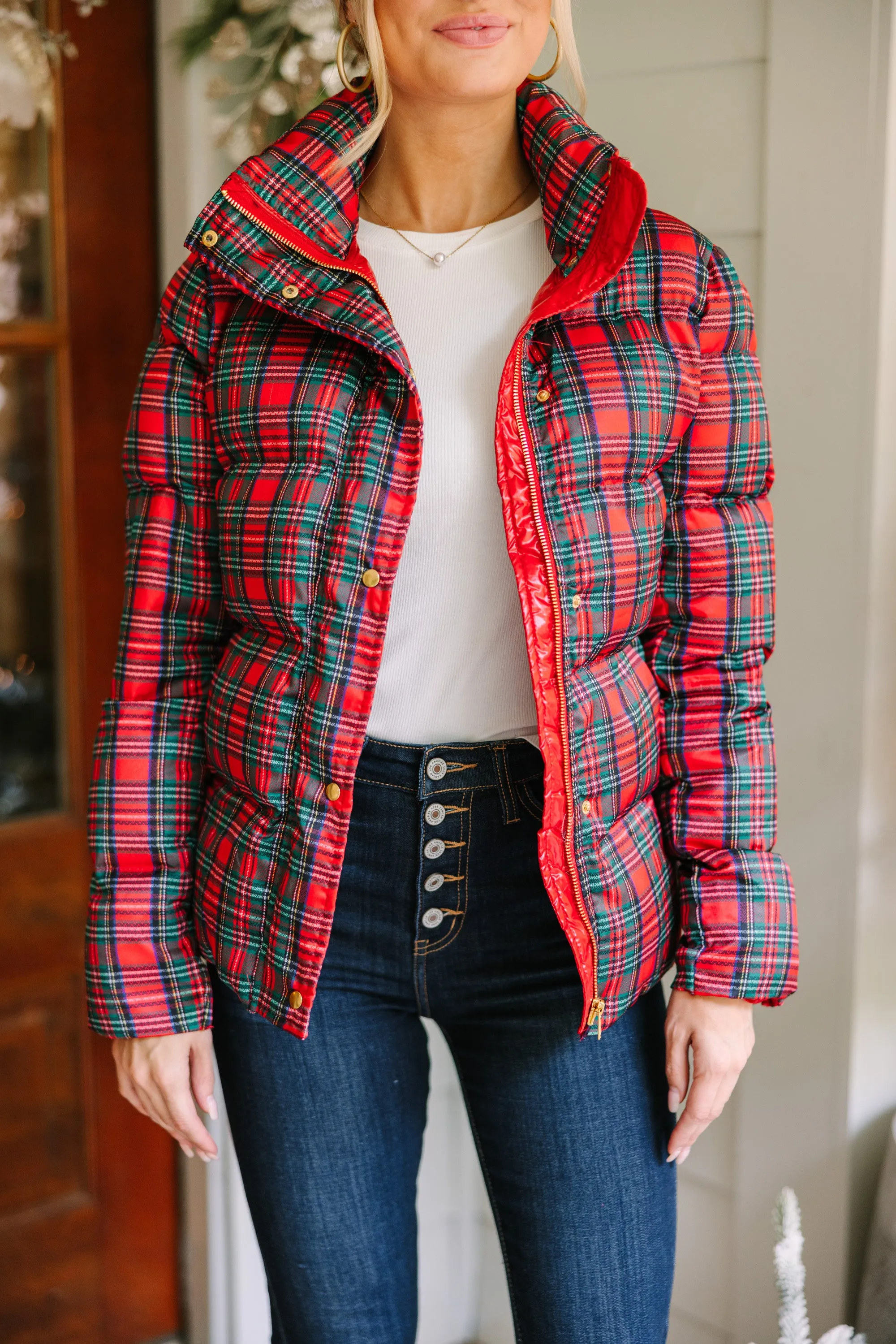 More The Merrier Red Tartan Plaid Puffer Jacket