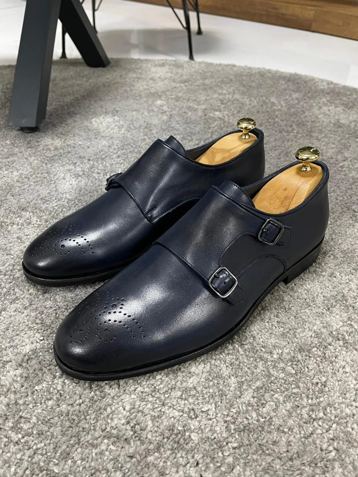 Navy Blue Double Buckled Leather Shoes