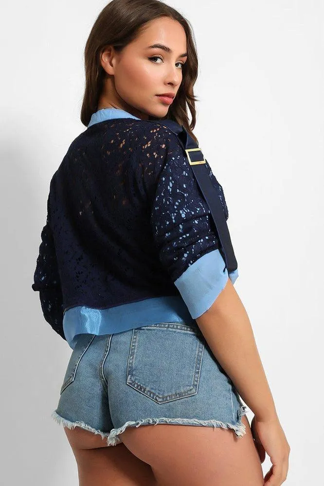 Navy Blue Lace Belt Details Cropped Jacket