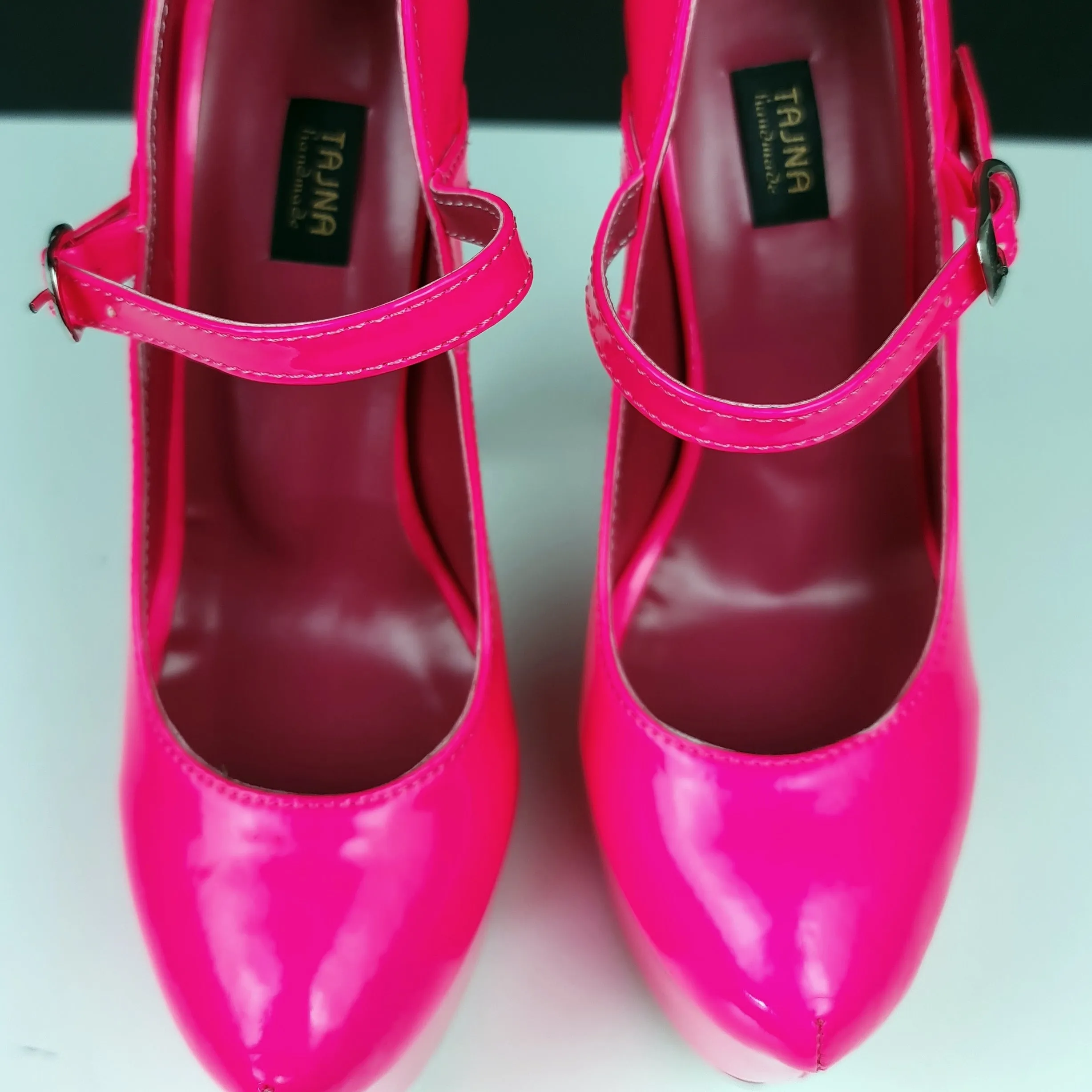 Neon Pink Gloss Mary Jane High Heel Pumps