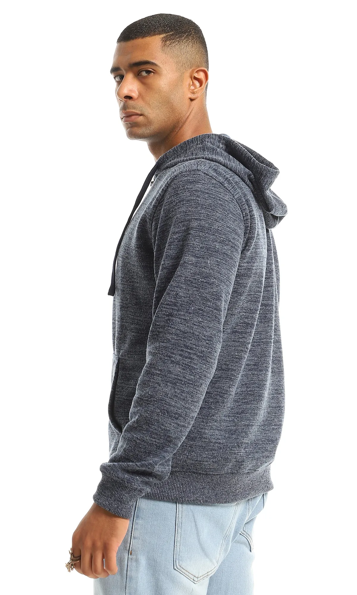 O155663 Front Pocket Hooded Zipper Sweatshirt - Heather Navy Blue