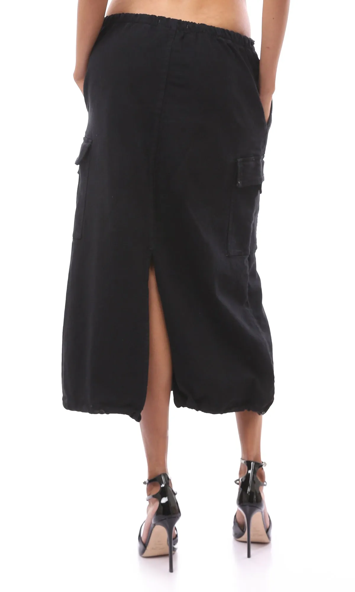 O176296 Solid Elastic Waist Black Midi-Skirt With Back Slit